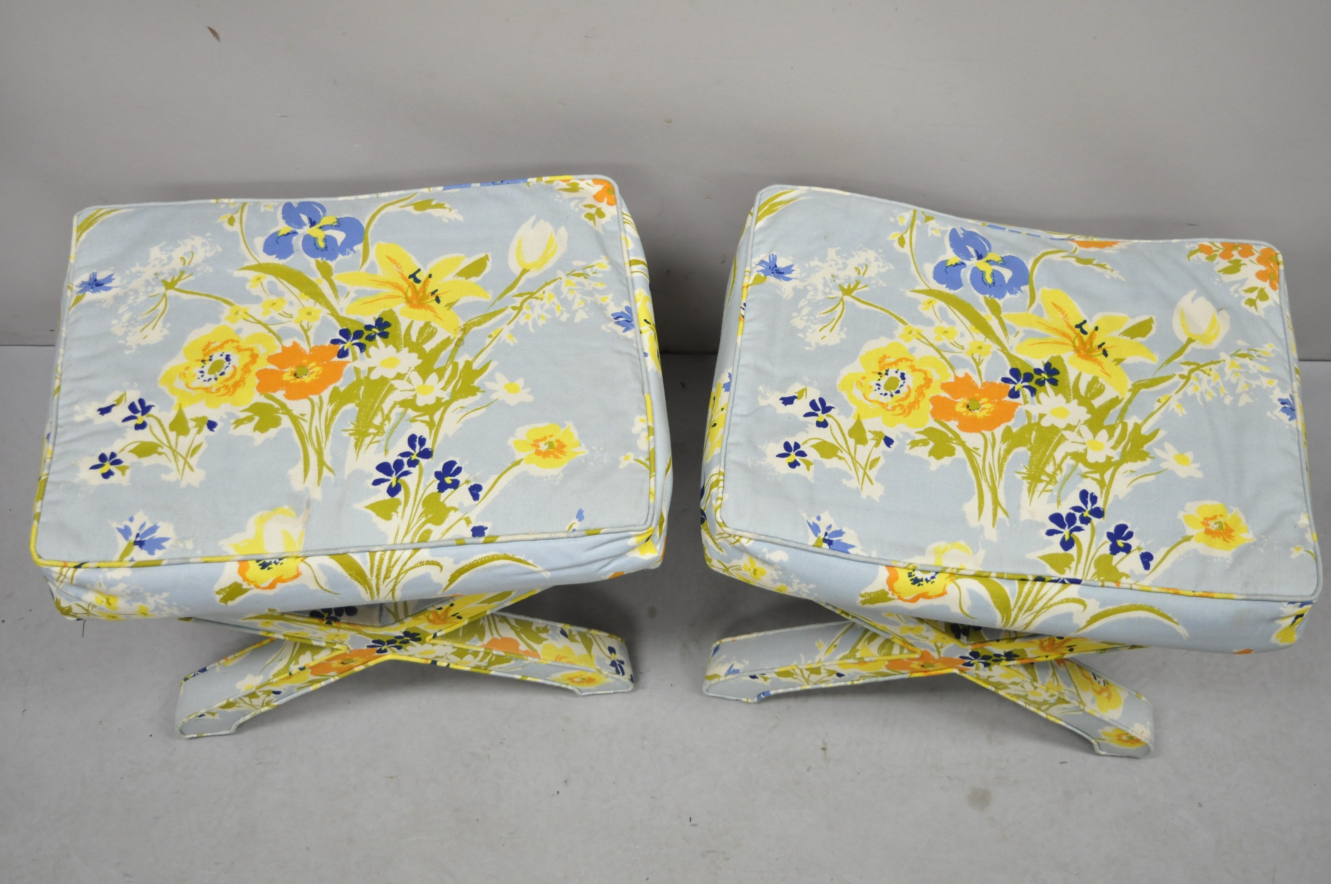 American Vintage X-Form Hollywood Regency Blue and Orange Floral Print Stools, a Pair For Sale
