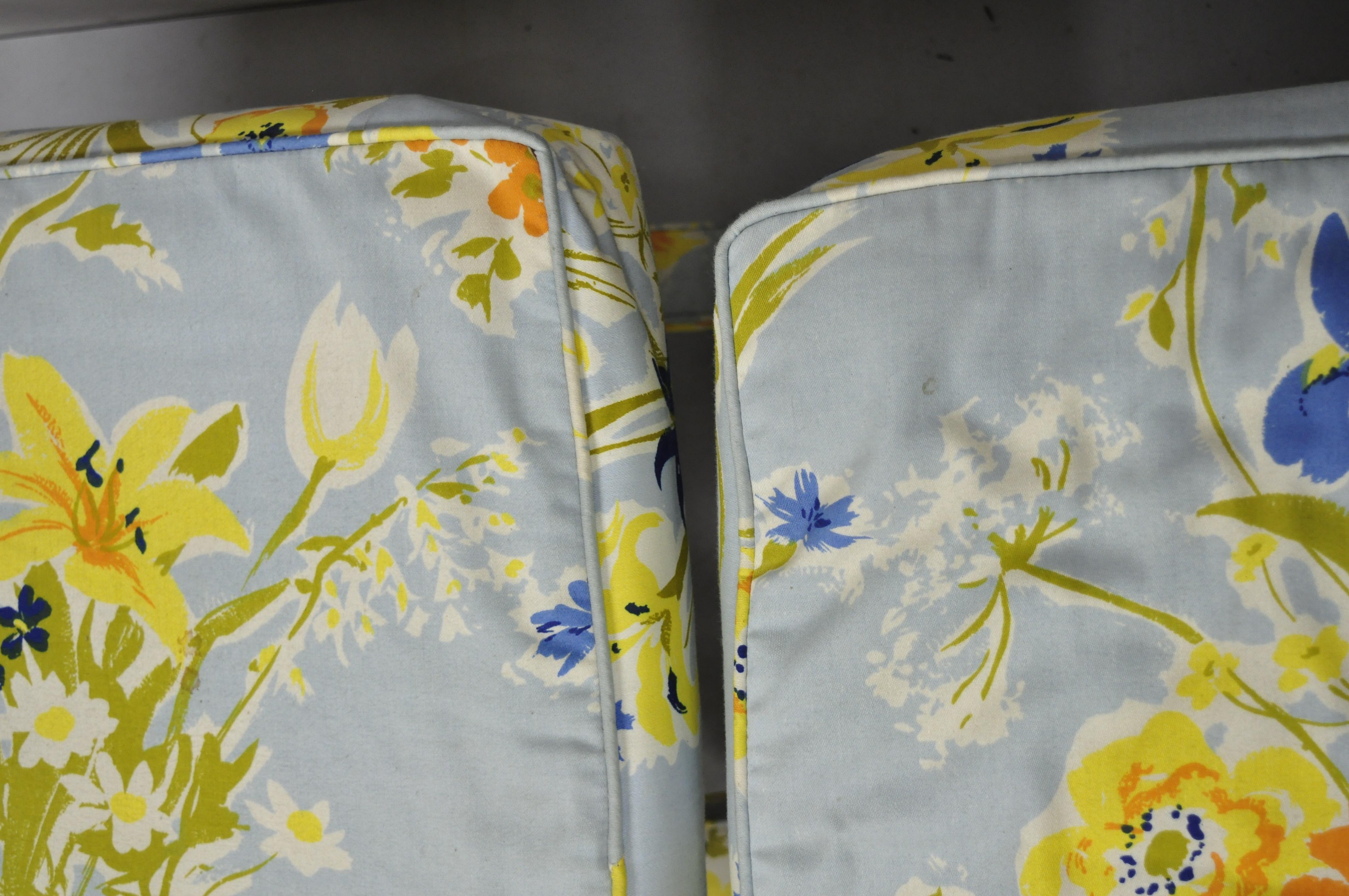 Fabric Vintage X-Form Hollywood Regency Blue and Orange Floral Print Stools, a Pair For Sale