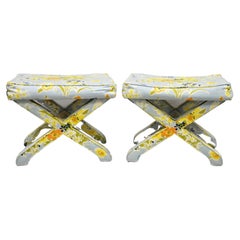 Vintage X-Form Hollywood Regency Blue and Orange Floral Print Stools, a Pair