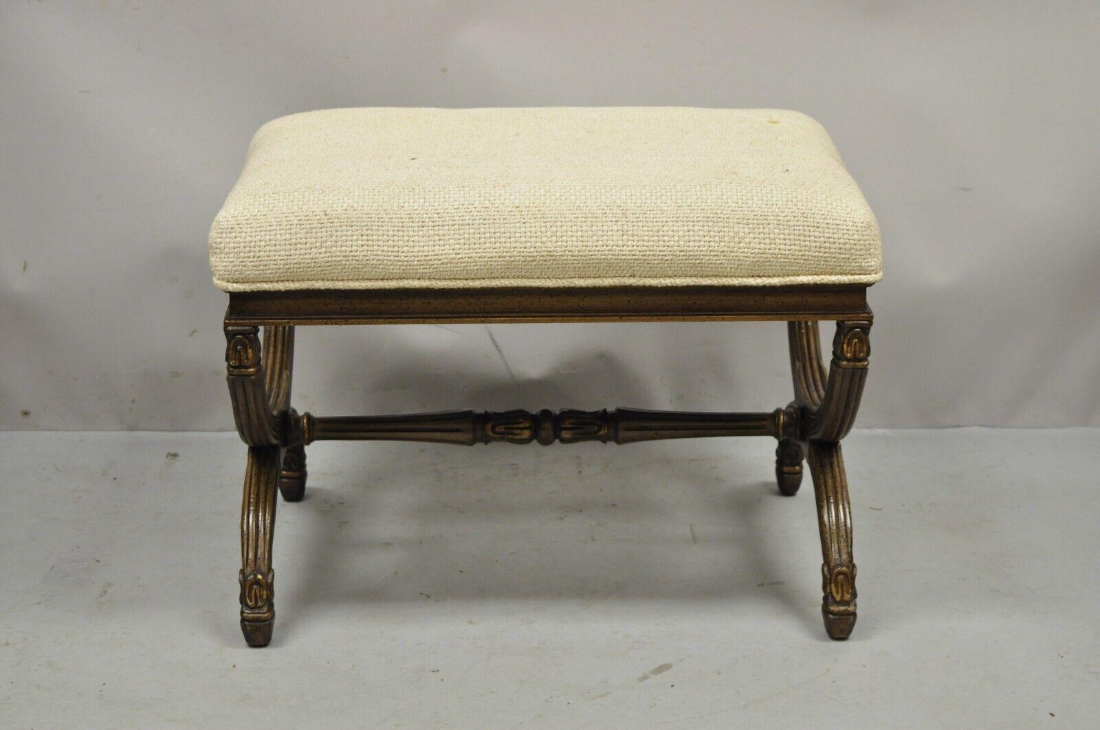Vintage X-form Italian Neoclassical Style Carved Wood X-frame Bench. Item features carved X-form base, solid wood frame, distressed finish, great style and form. Circa mid 20th century. Measurements: 17