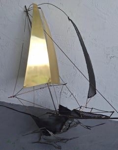 Vintage XL Artist Signed Metal Boat Sculpture Wall Sconce by J.P. Fer  36" High