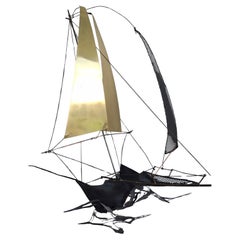 Vintage XL Artist Signed Metal Boat Sculpture Wall Sconce by J.P. Fer  36" High