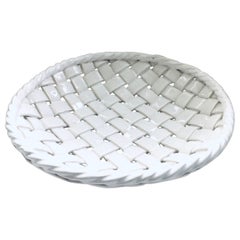 Vintage XL Braided White Ceramic Basket Bowl, France 1960's