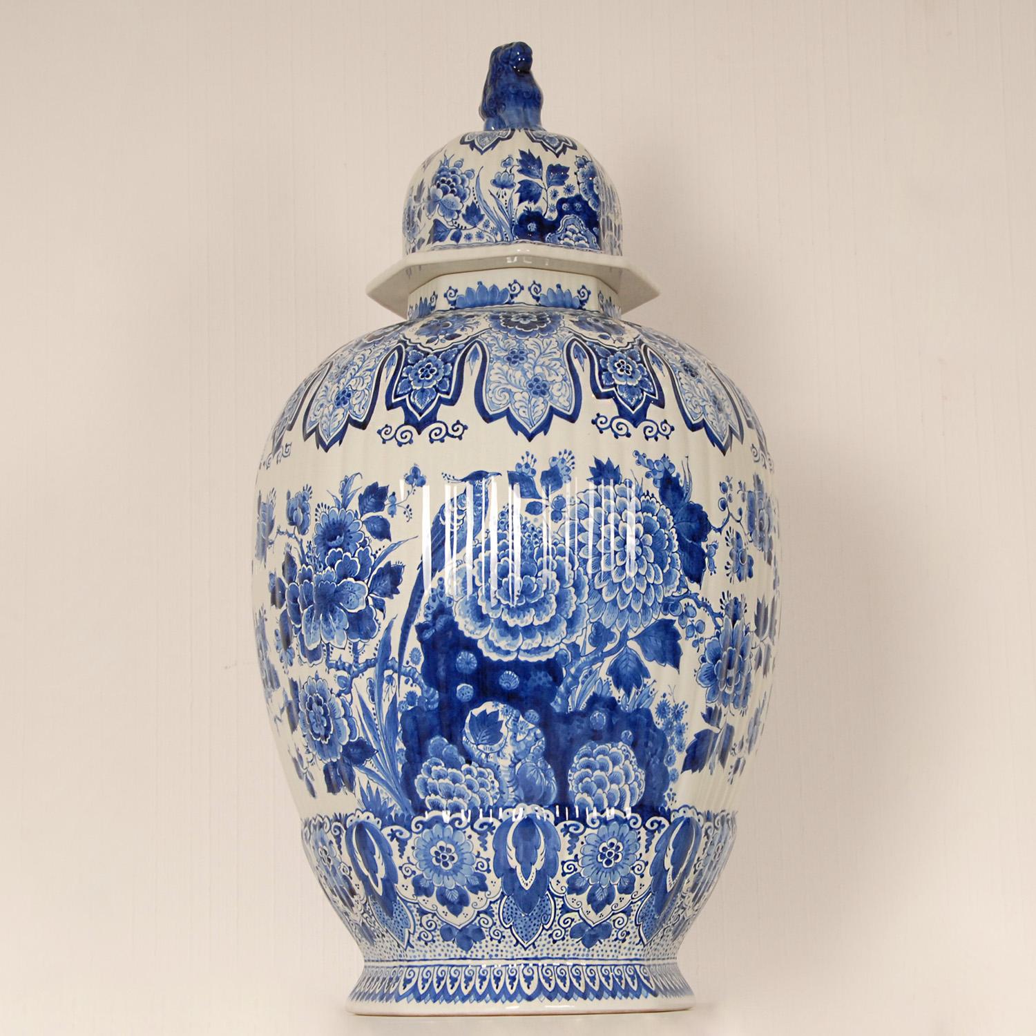 Dutch Vintage XL Delft Vase Royal Delft Covered Jar Blue White Delftware Chinoiserie