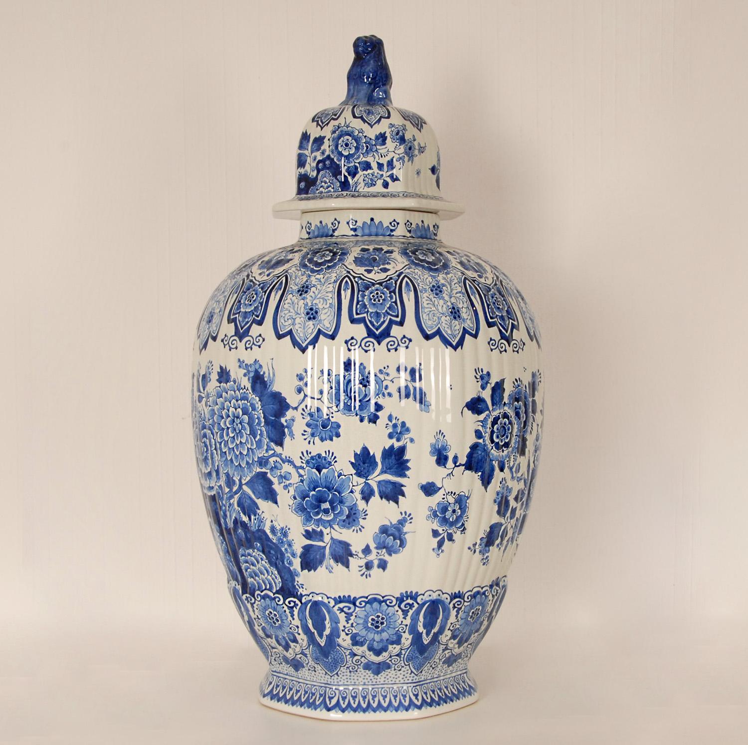 Hand-Crafted Vintage XL Delft Vase Royal Delft Covered Jar Blue White Delftware Chinoiserie