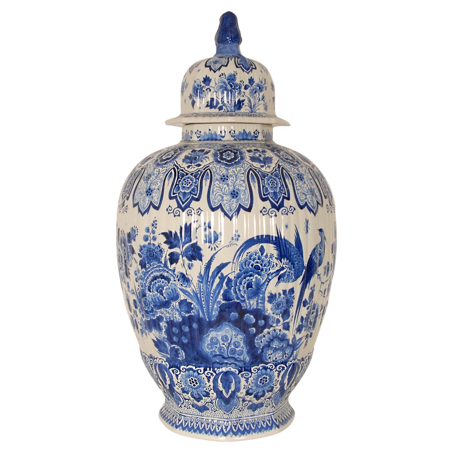 Vintage XL Delft Vase Royal Delft Covered Jar Blue White Delftware Chinoiserie