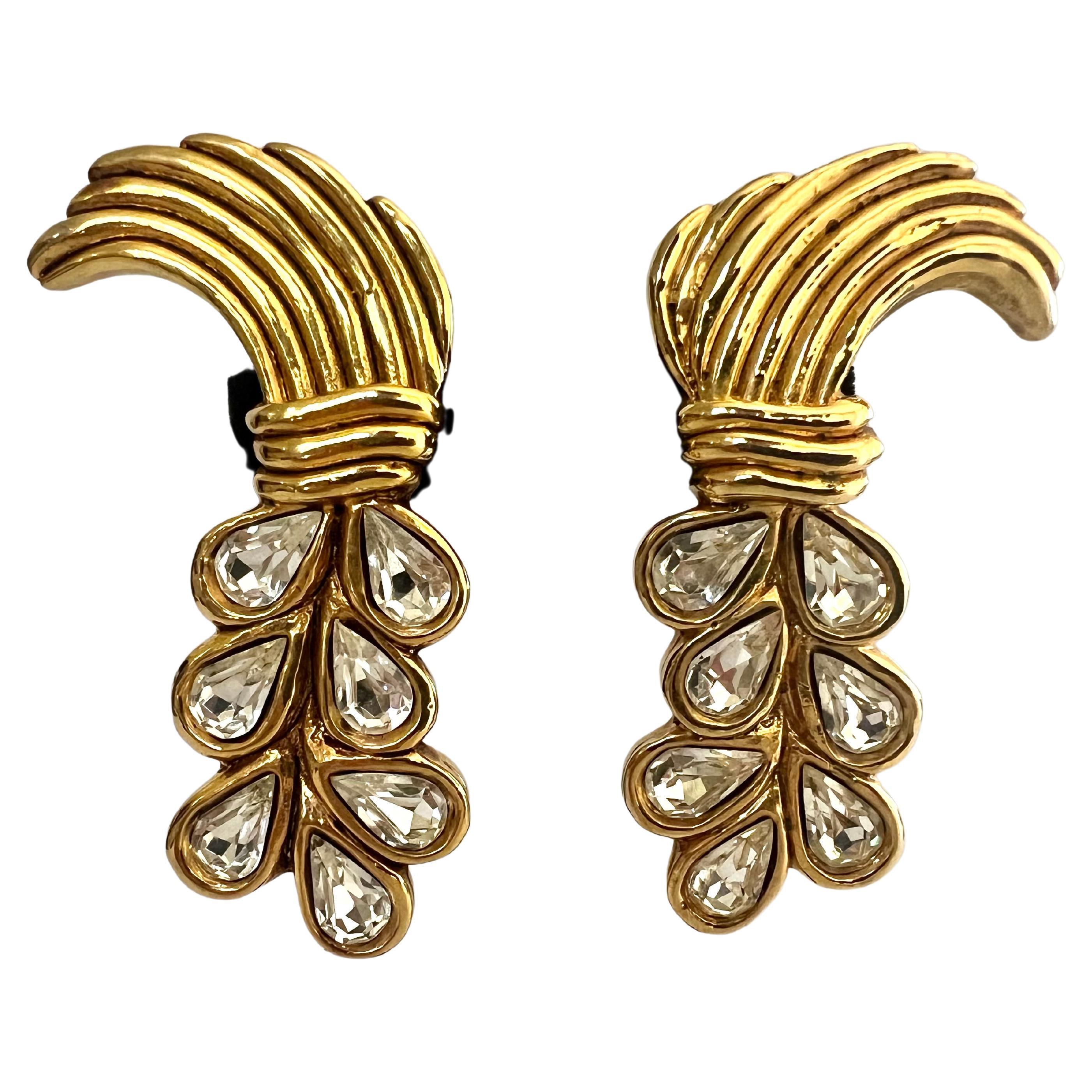 Vintage XL French Gilt Diamante Wheat Earrings  For Sale
