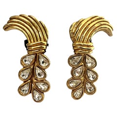Vintage XL French Gilt Diamante Wheat Earrings 