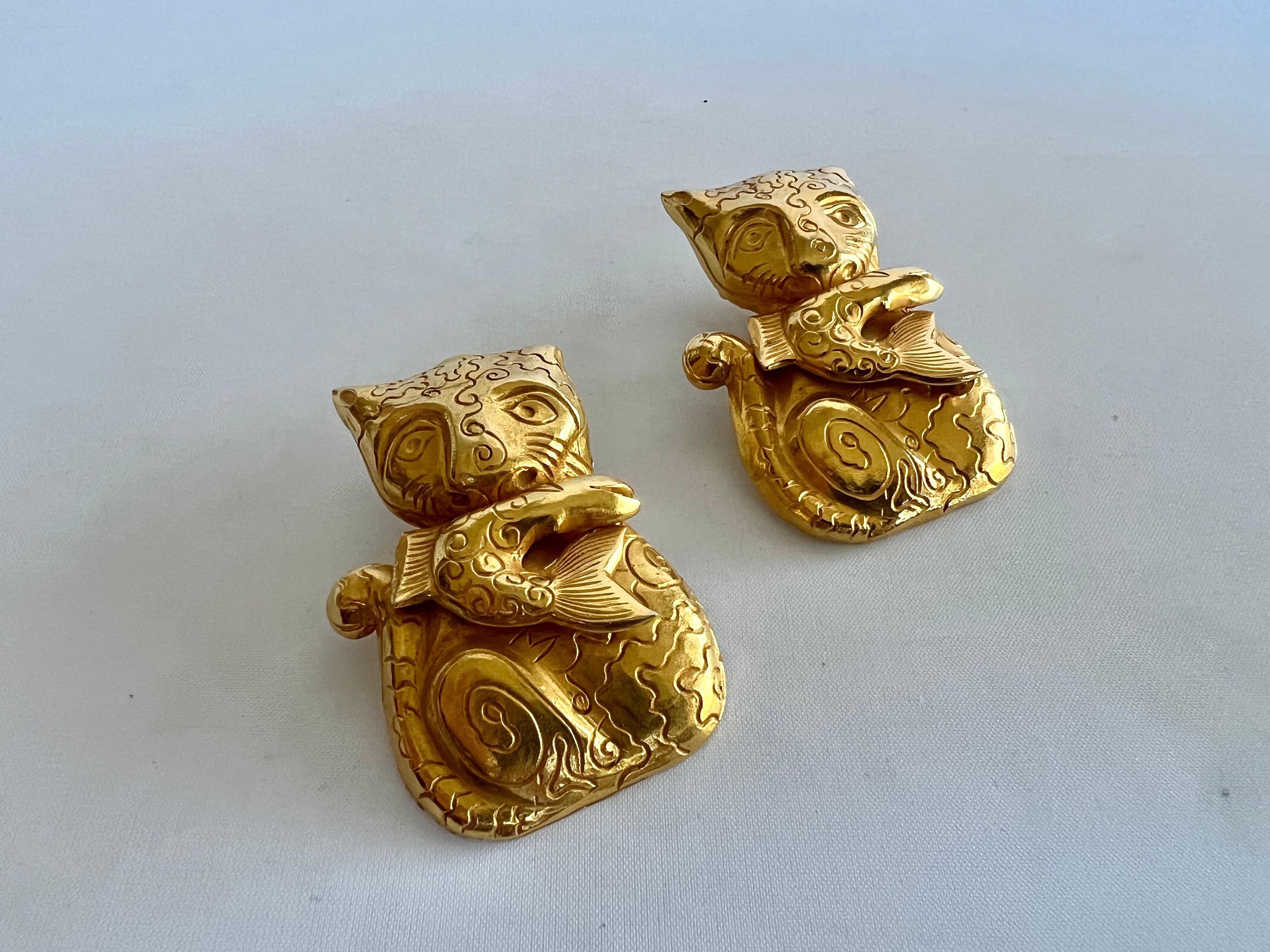 Artisan Vintage XL Gilt Stylized Cat and Fish Earrings by Isabel Canovas  For Sale