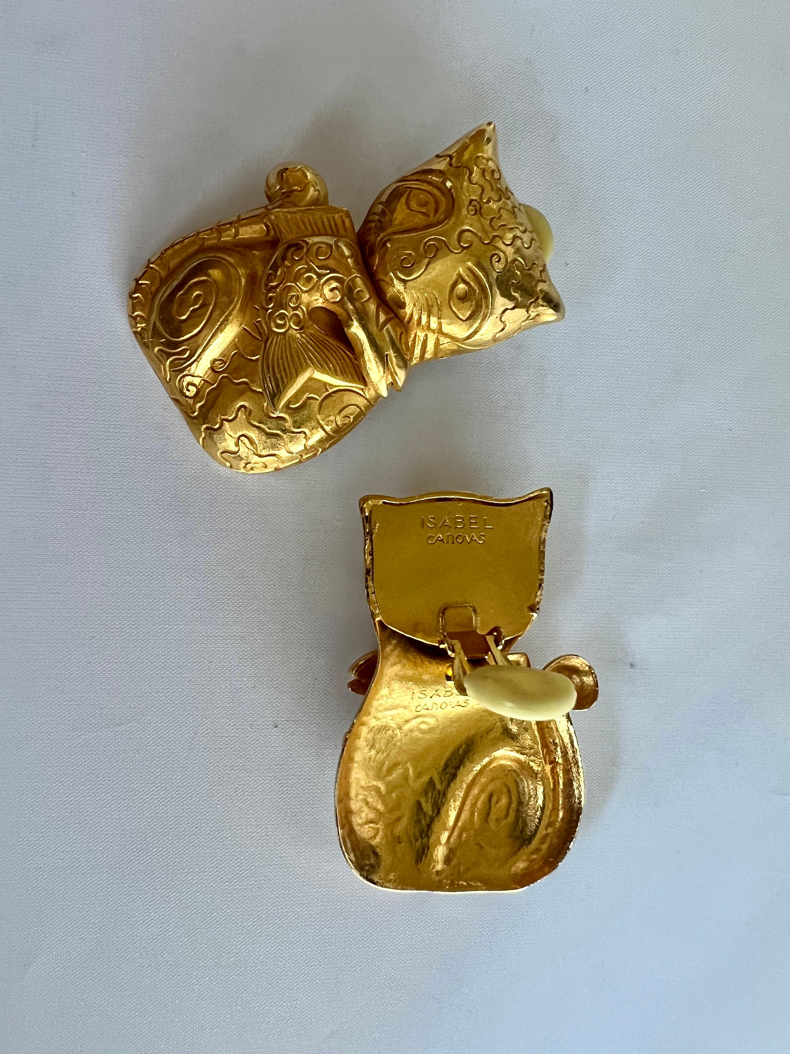 Vintage XL Gilt Stylized Cat and Fish Earrings by Isabel Canovas  For Sale 1