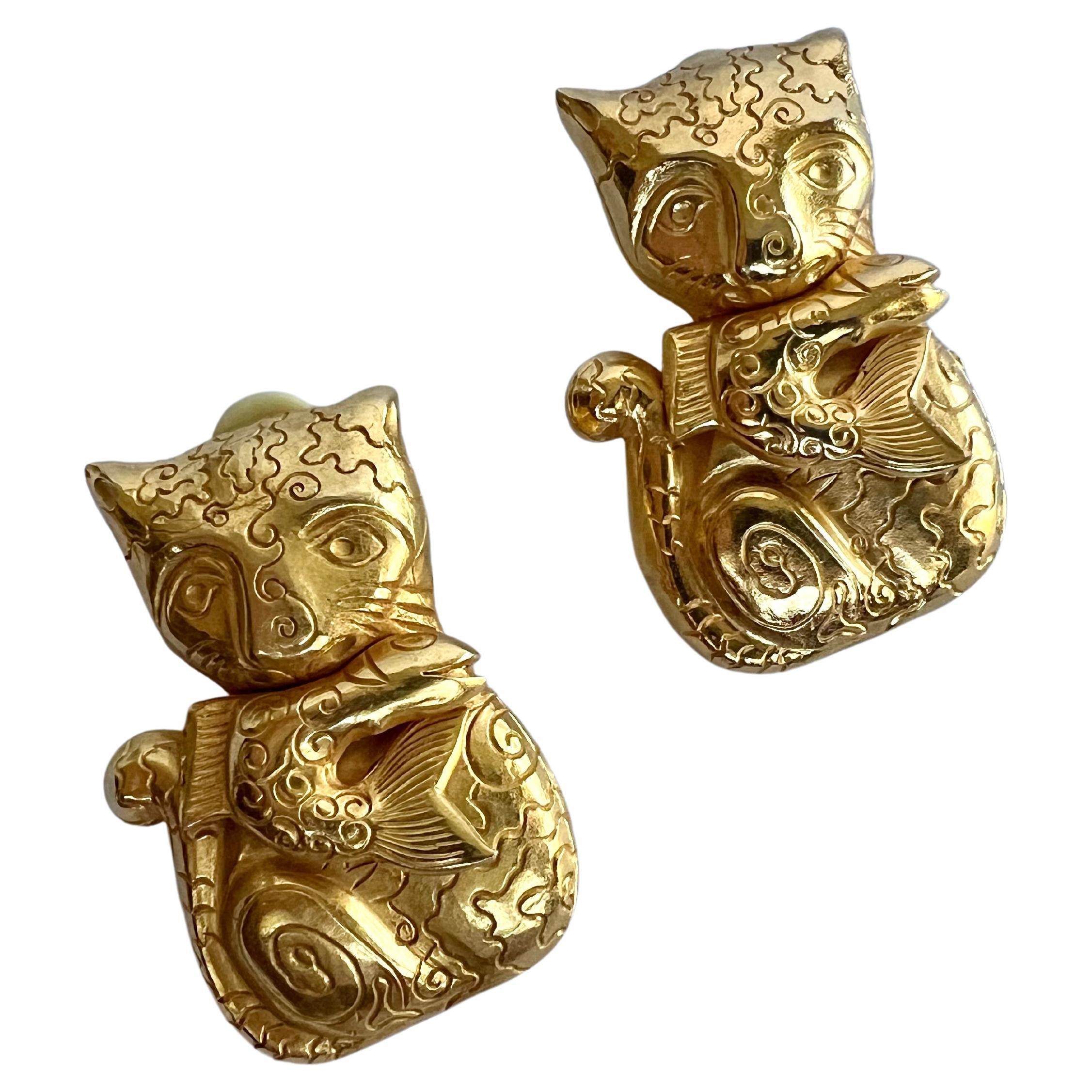 Vintage XL Gilt Stylized Cat and Fish Earrings by Isabel Canovas 