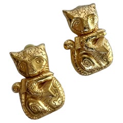 Vintage XL Gilt Stylized Cat and Fish Earrings by Isabel Canovas 