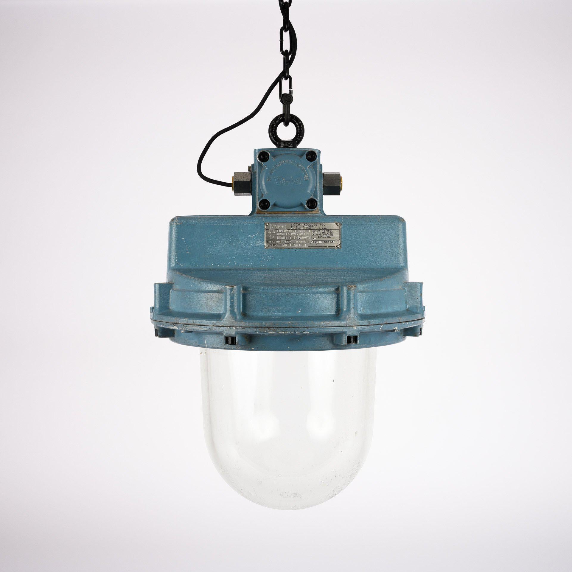 A huge run of 50 reclaimed extra large explosion proof industrial lights recovered as part of a large lot of lighting from a chemical mixing plant in Scotland.

These oversized light pendants were originally designed for extreme condition and