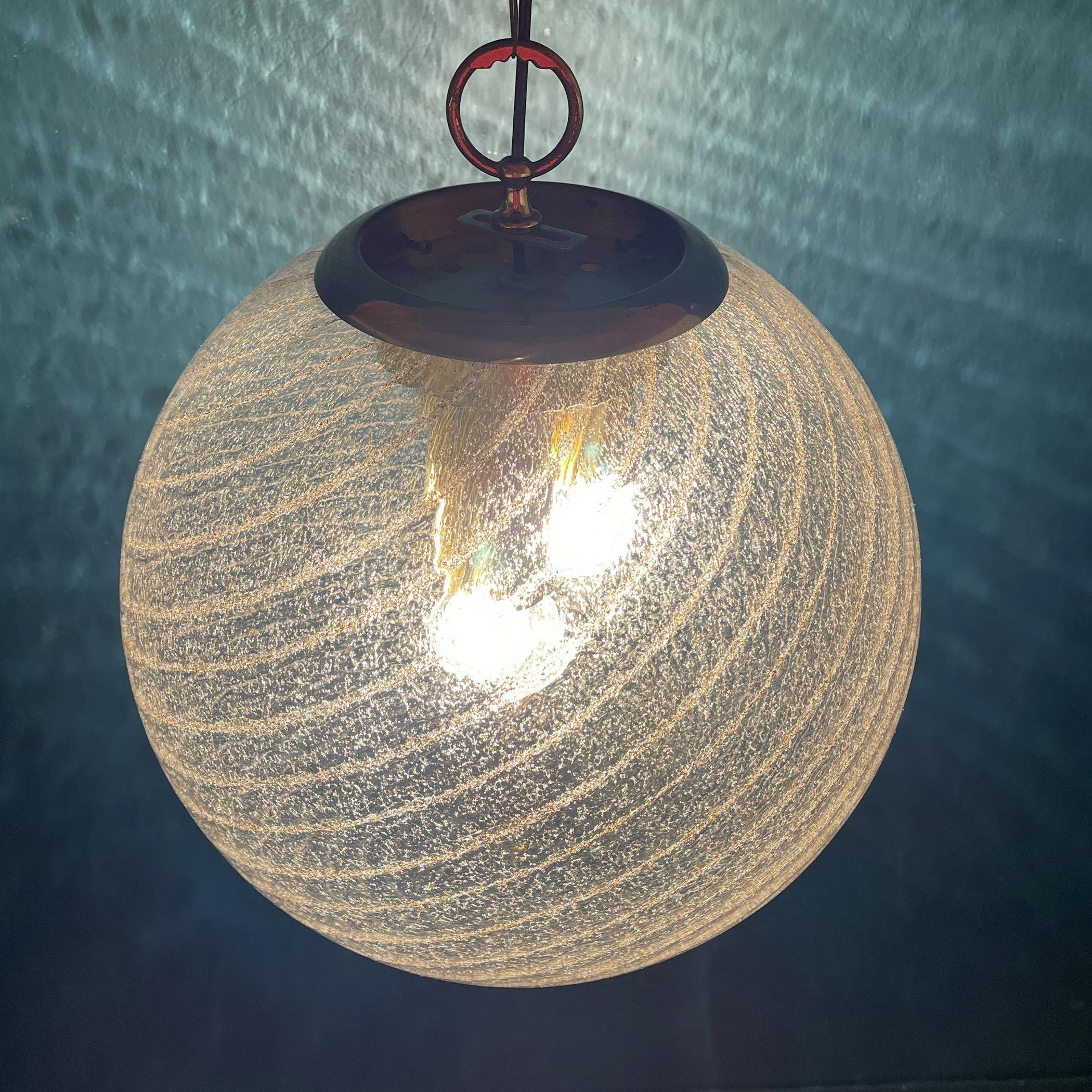 Brass Vintage XL Swirled Murano Glass Pendant Lamp La Murrina Italy 1970s For Sale