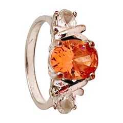 Vintage XO Ring in Warm Orange & Clear CZ, Brass Hug & Kiss Setting, Size 7.25