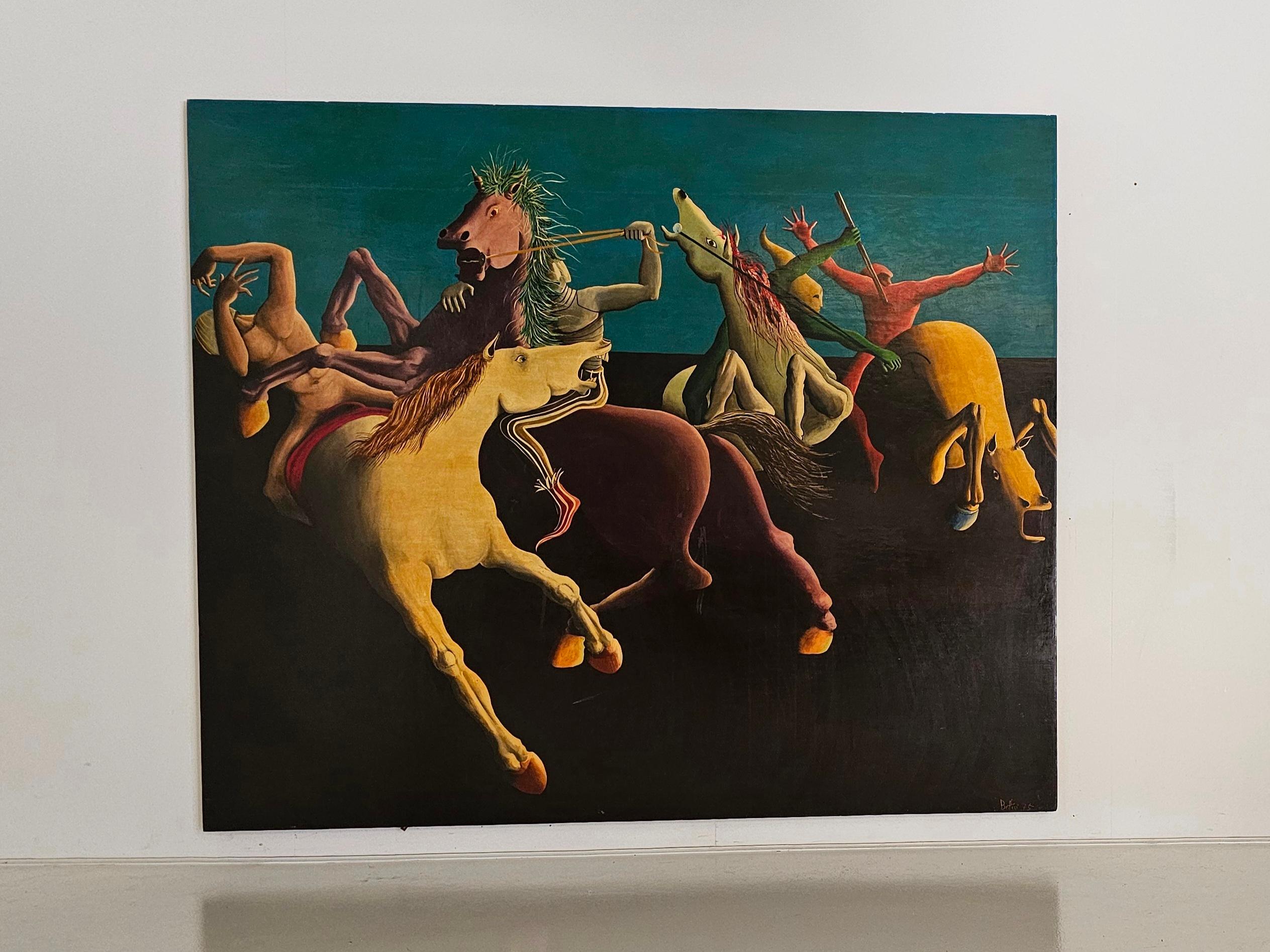 This is an amazing, one-of-a-kind XXL Surrealist oil painting (in the style of Salvador Dali) on a wooden panel by the Italian artist Luigi Bettini. It is Signed Bettini, 1975.

Surrealism seeks to explore the unconscious mind as a way of creating