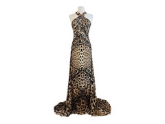 Vintage Y2K 2000s Roberto Cavalli Leopard Animal Print Halter Maxi Dress Gown