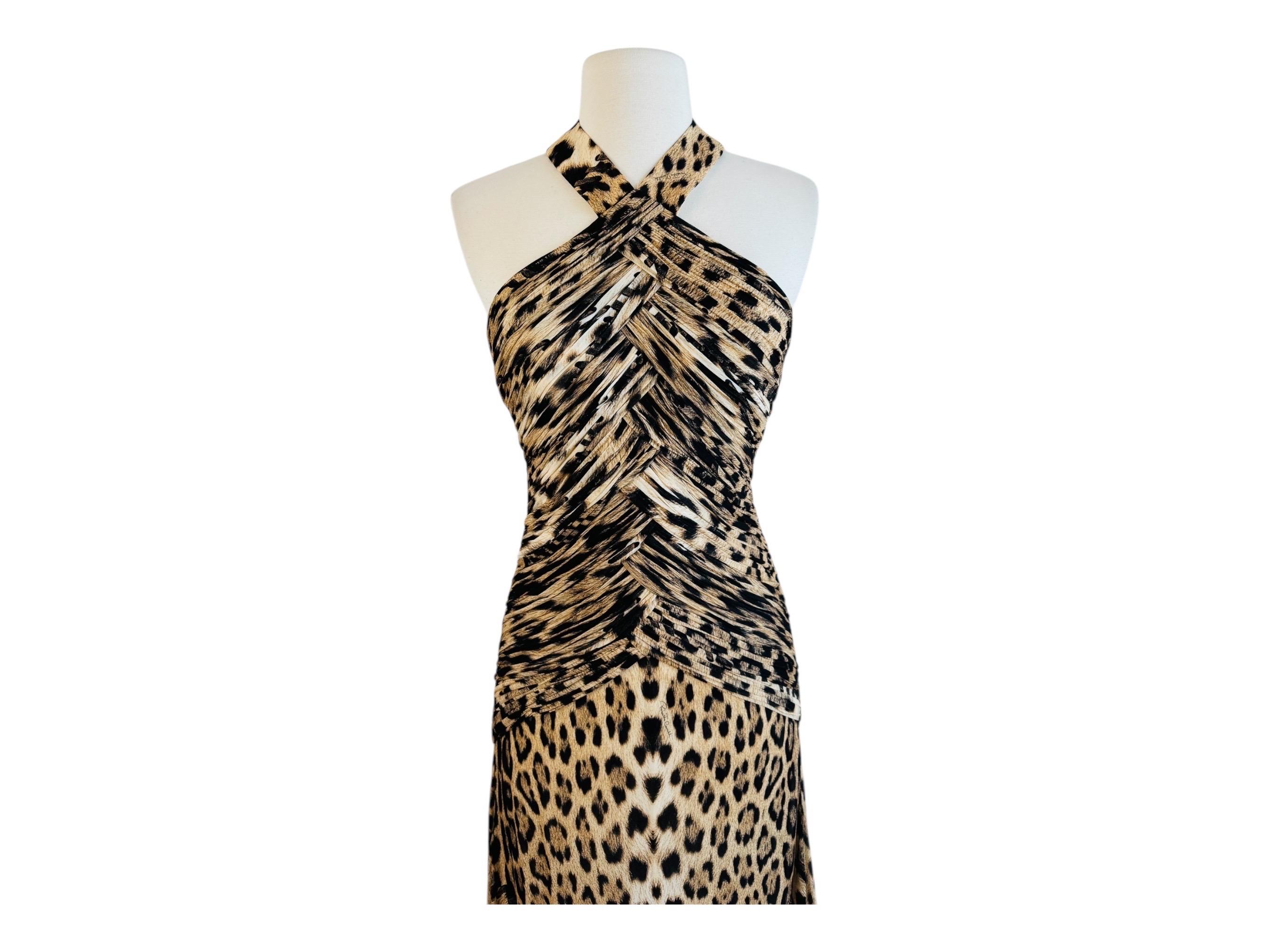 Nero Vintage By 2000 Roberto Cavalli Leopard Animal Print Halter Maxi Dress Gown