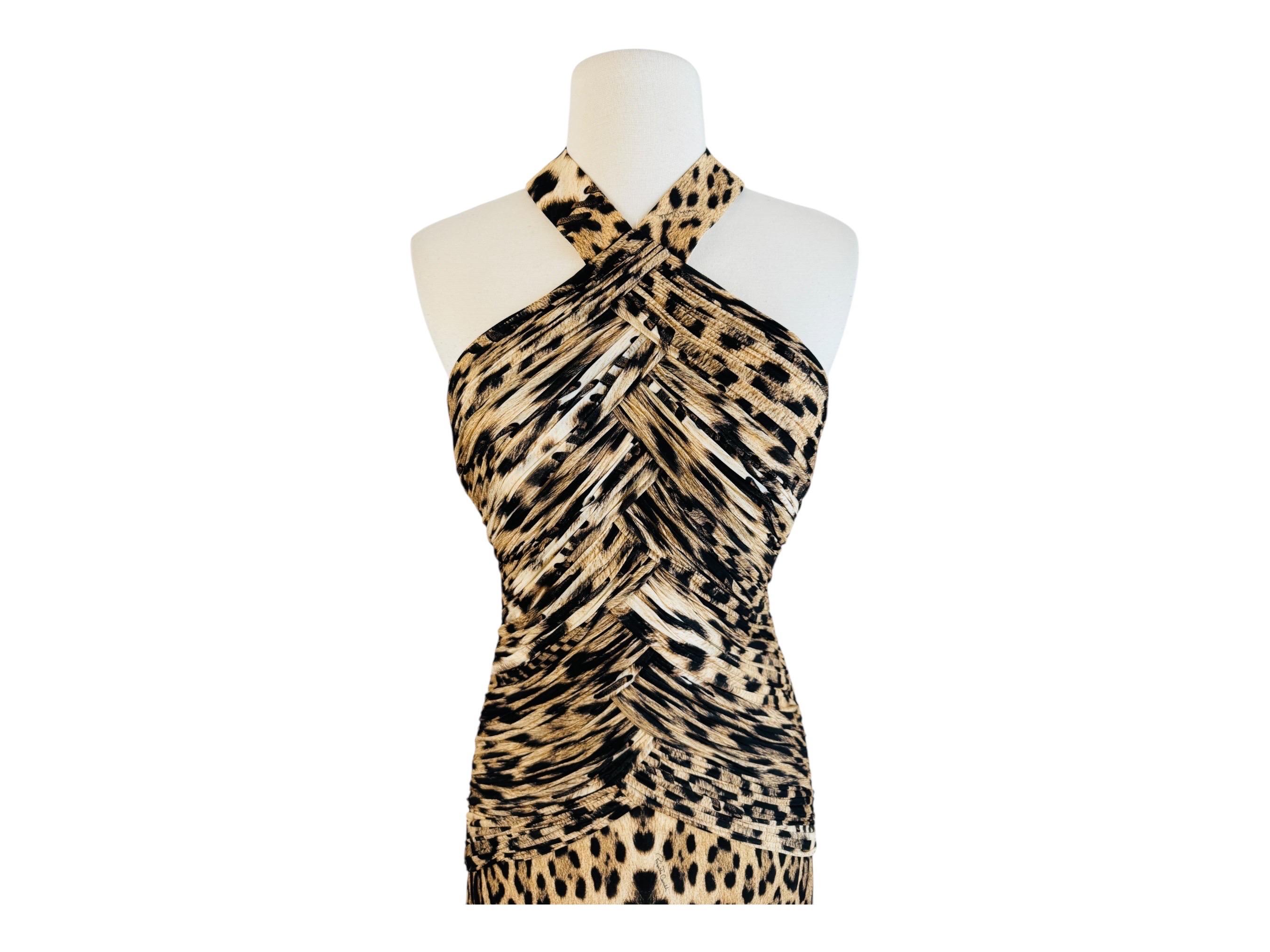 Vintage By 2000 Roberto Cavalli Leopard Animal Print Halter Maxi Dress Gown In condizioni buone a Denver, CO