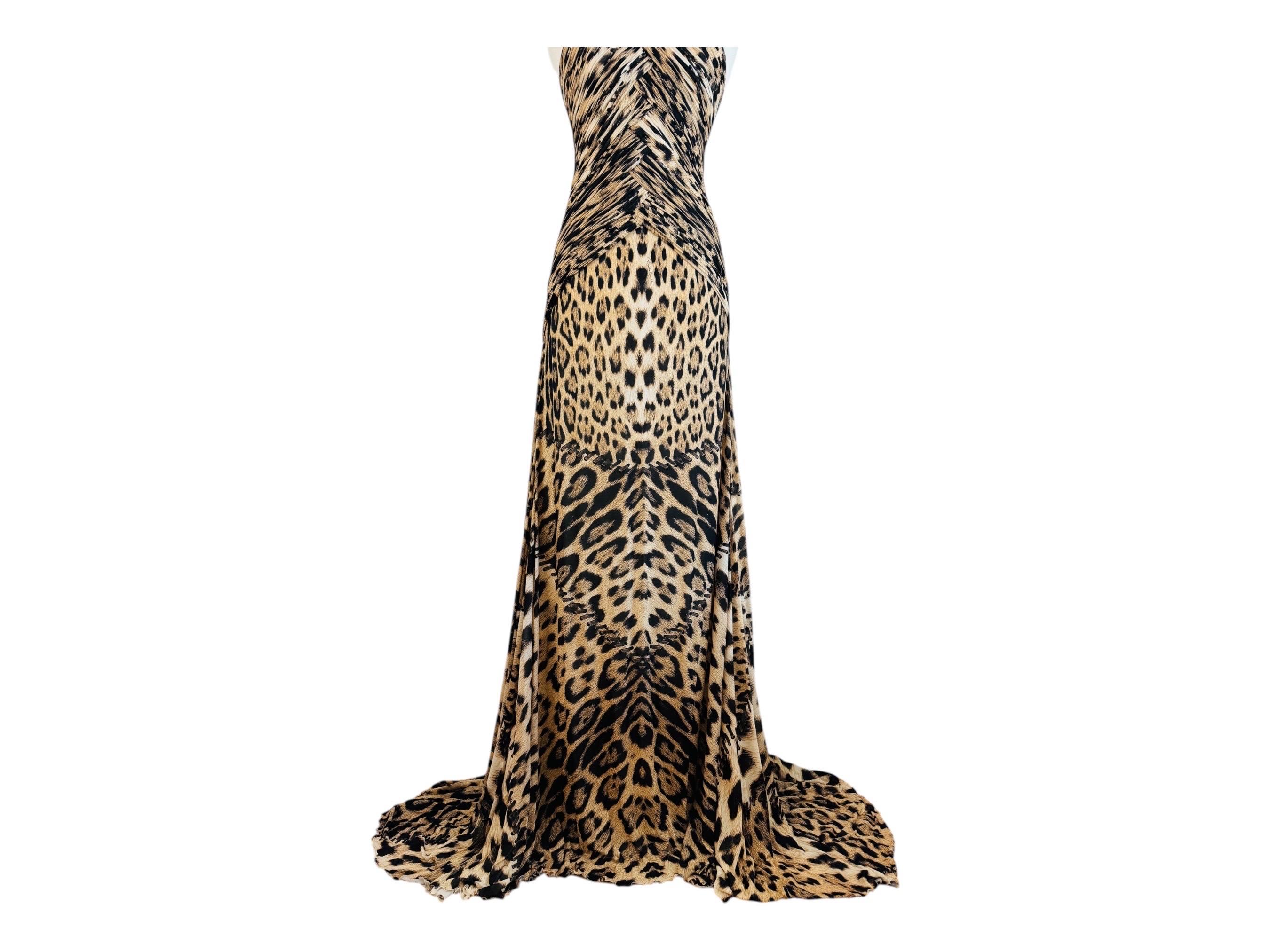 Donna Vintage By 2000 Roberto Cavalli Leopard Animal Print Halter Maxi Dress Gown