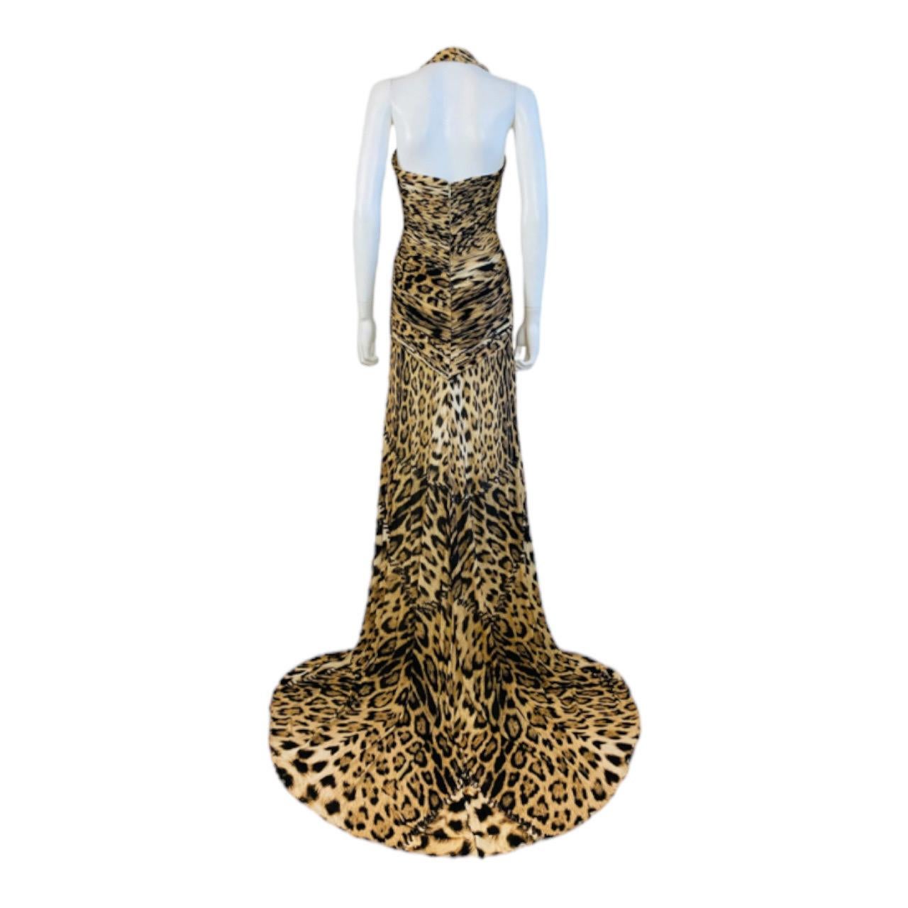 Vintage Y2K 2000s Roberto Cavalli Leopard Animal Print Halter Maxi Dress Gown For Sale 2