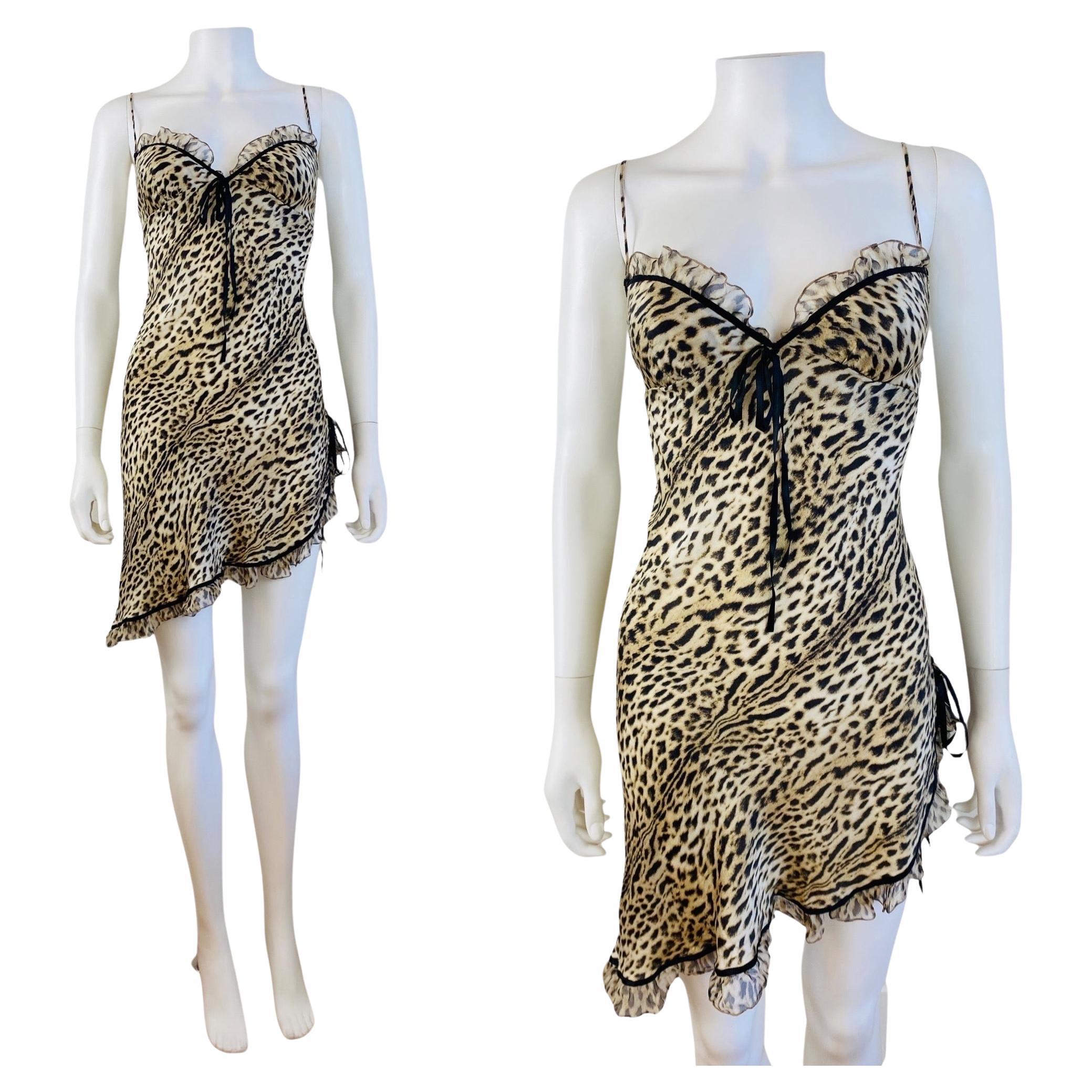Vintage Y2k 2000s Roberto Cavalli Mini Silk Leopard Animal Print Slip Dress