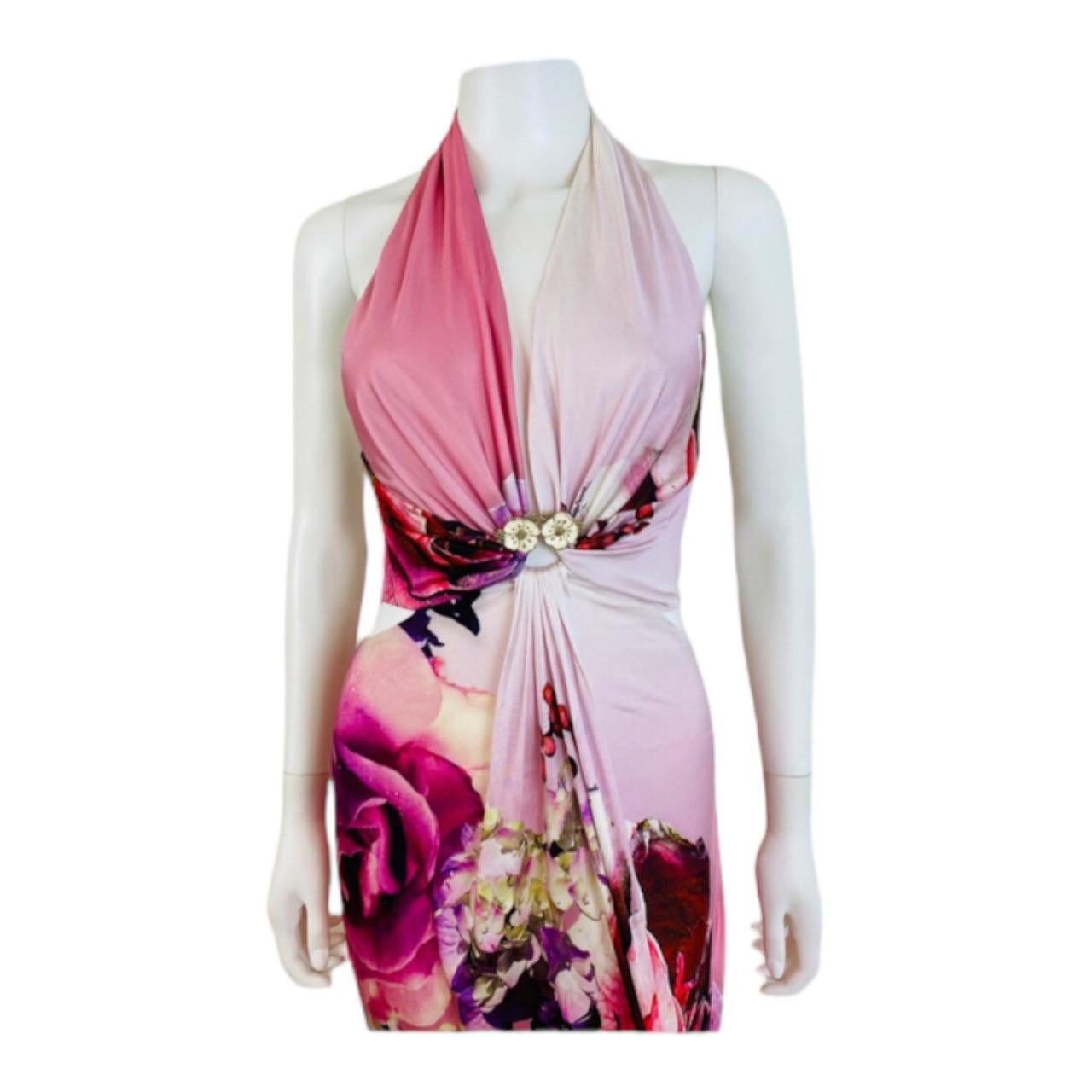 Vintage Y2K 2000s Roberto Cavalli Pink Oversized Floral Halter Draped Maxi Dress In Good Condition In Denver, CO