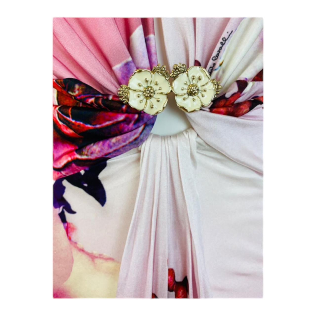 Women's Vintage Y2K 2000s Roberto Cavalli Pink Oversized Floral Halter Draped Maxi Dress