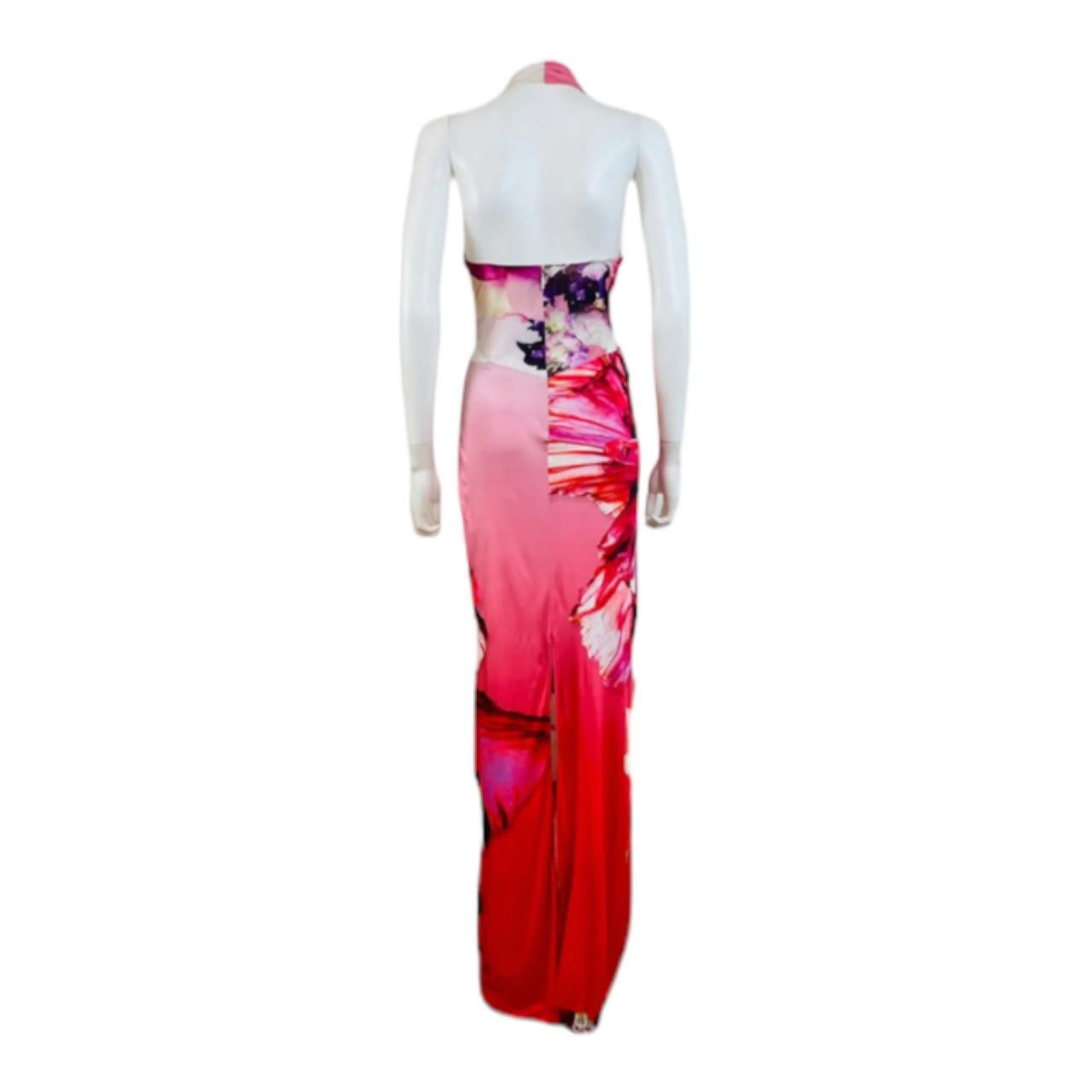 Vintage Y2K 2000s Roberto Cavalli Pink Oversized Floral Halter Draped Maxi Dress 3