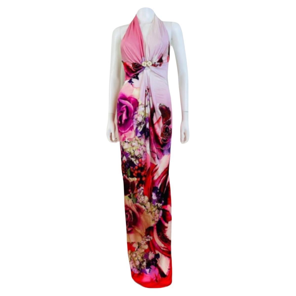 Vintage Y2K 2000s Roberto Cavalli Pink Oversized Floral Halter Draped Maxi Dress