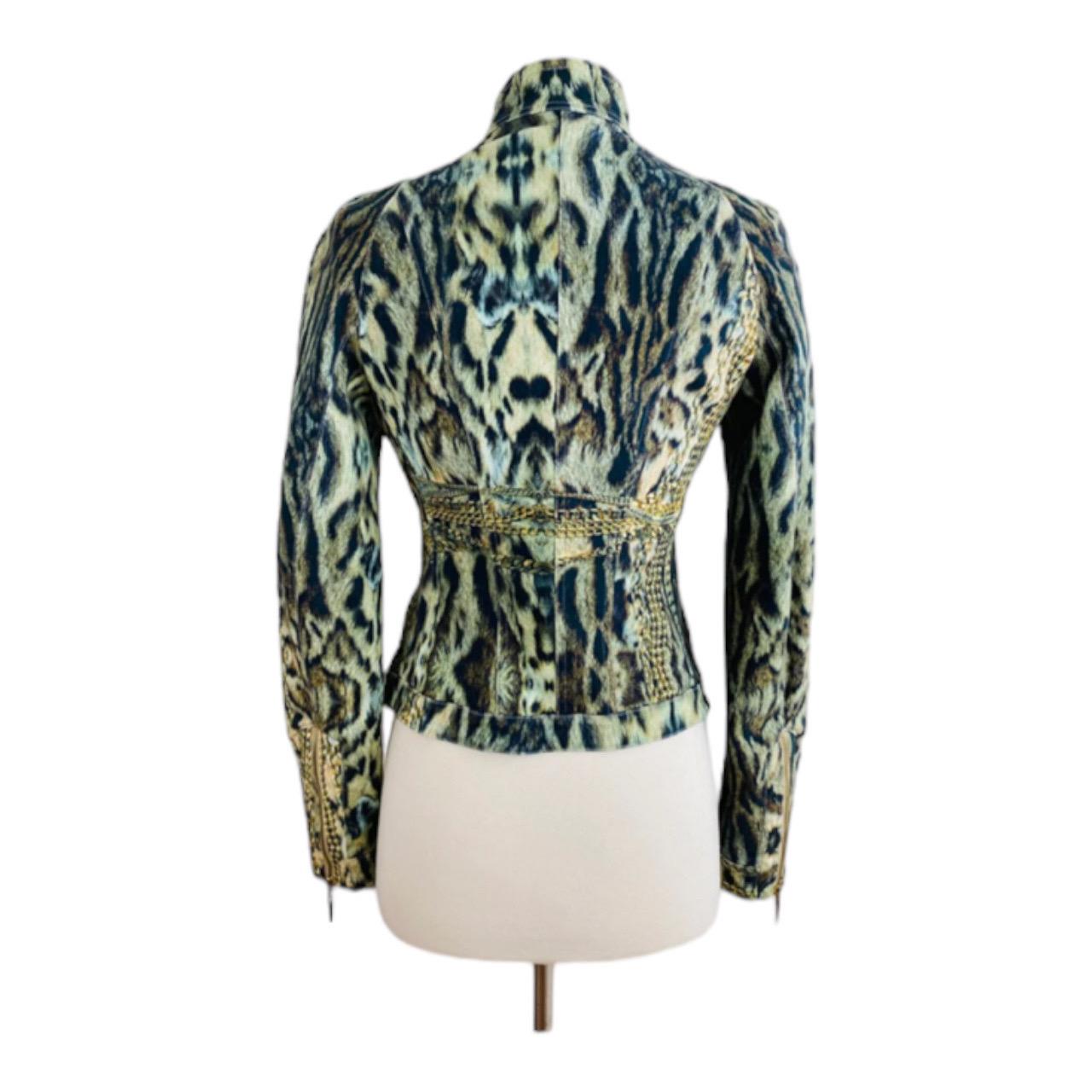 Women's Vintage Y2K 2003 Roberto Cavalli Leopard Animal Print Gold Chain Jacket  For Sale