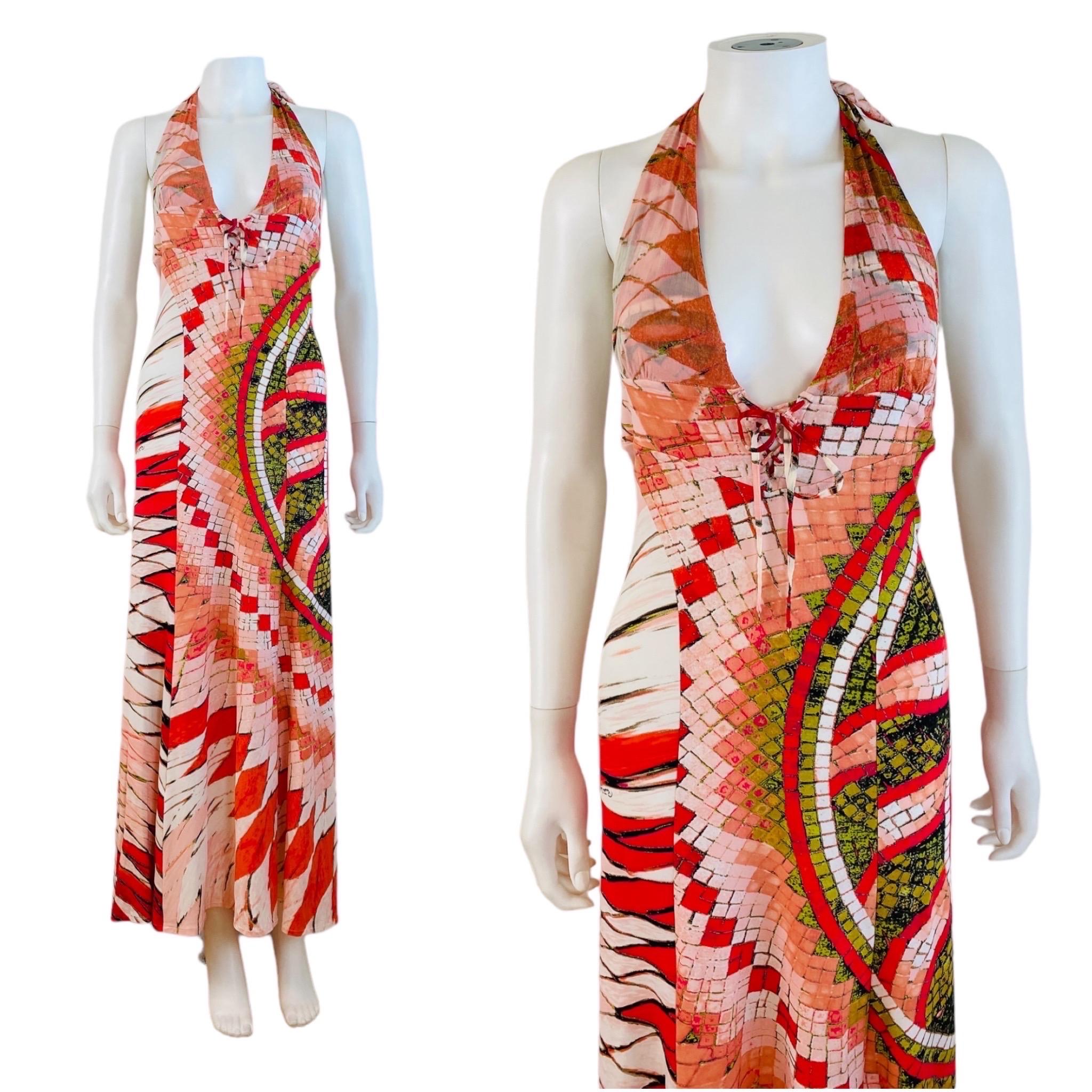 Vintage 2005 Roberto Cavalli Dress
Orange + coral abstract geometric print
Silk chiffon fabric overlay on the bust, stretch fabric throughout
Metallic gold pain accents
Deep V neckline with lace up detail at the bust
Ties behind the neck
Fitted