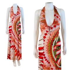 Vintage Y2k 2004 Roberto Cavalli Abstract Geometric Orange Halter Dress Lace Up
