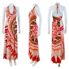 Vintage Y2k 2004 Roberto Cavalli Abstract Geometric Orange Halter Dress Lace Up