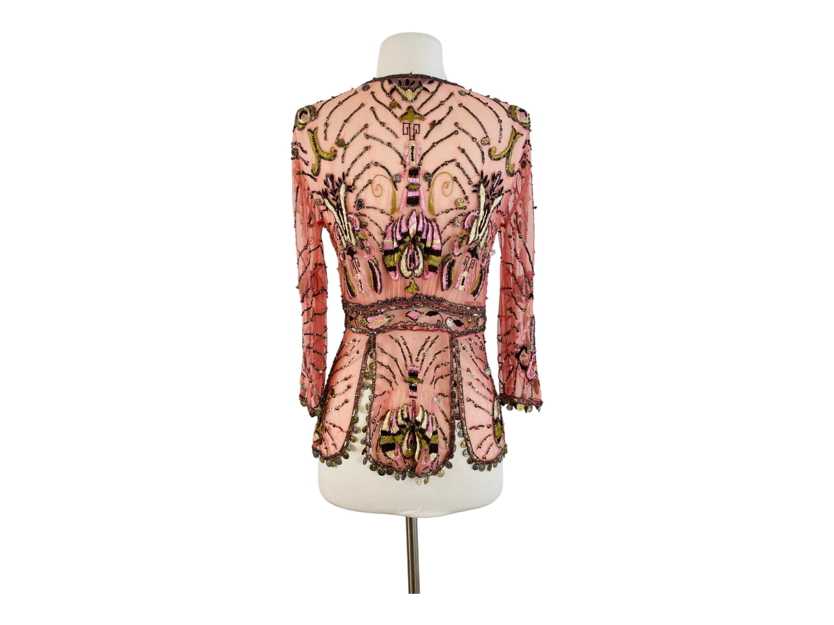 Vintage Y2k 2004 Roberto Cavalli Pink Mesh Blouse Jacket Embroidered Beaded For Sale 6