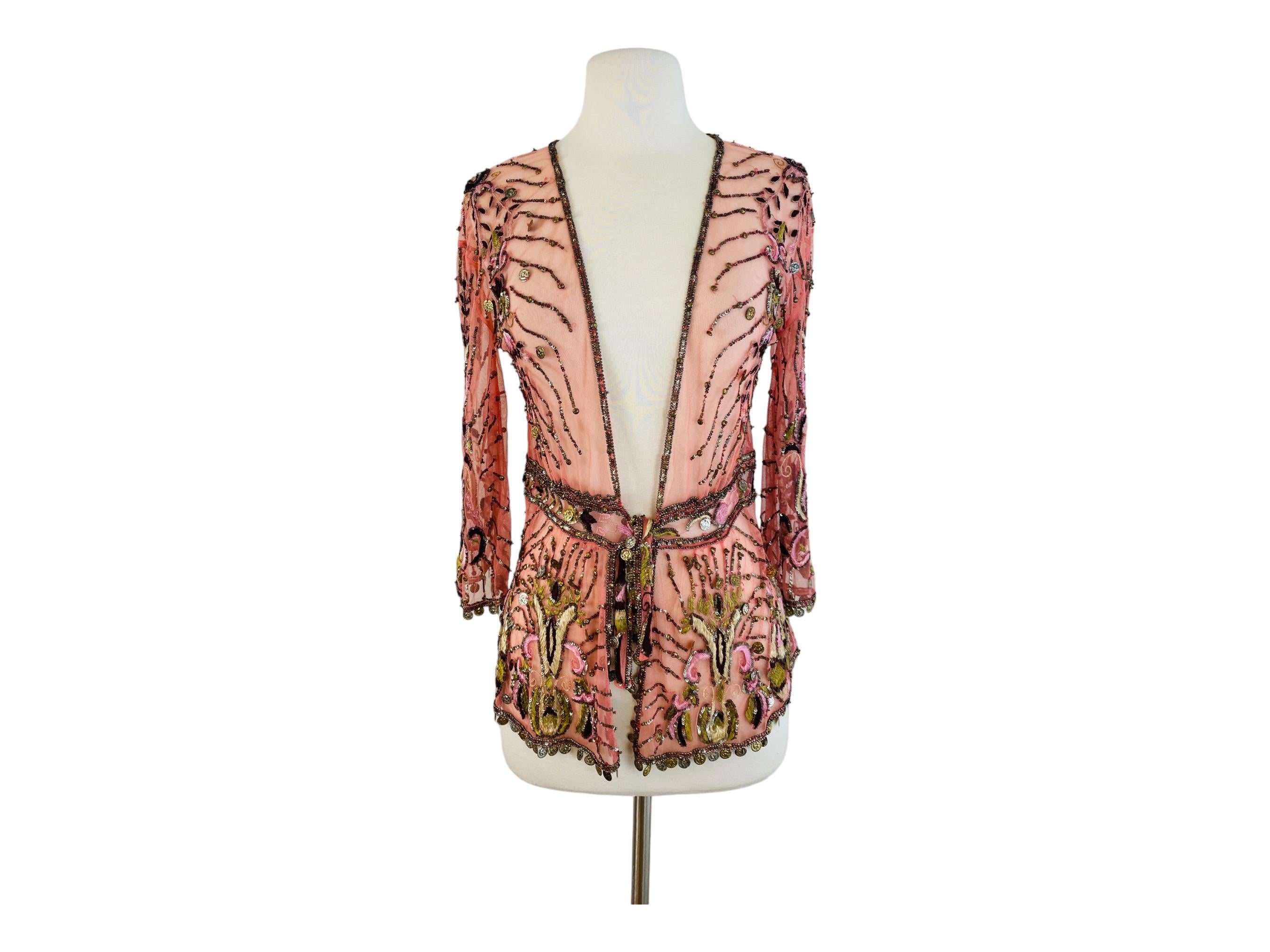 Vintage Y2k 2004 Roberto Cavalli Pink Mesh Blouse Jacket Embroidered Beaded In Excellent Condition For Sale In Denver, CO