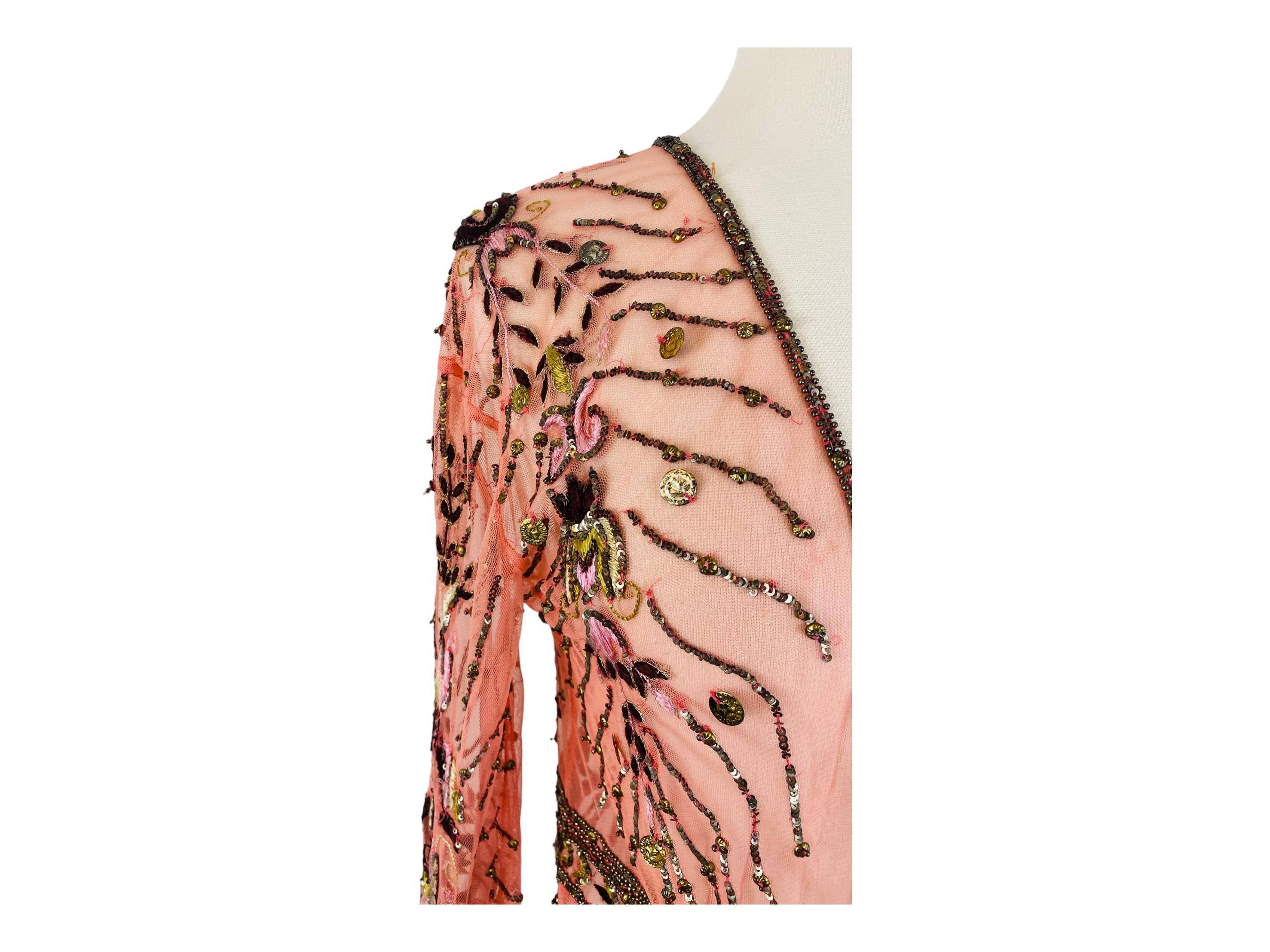 Women's Vintage Y2k 2004 Roberto Cavalli Pink Mesh Blouse Jacket Embroidered Beaded For Sale