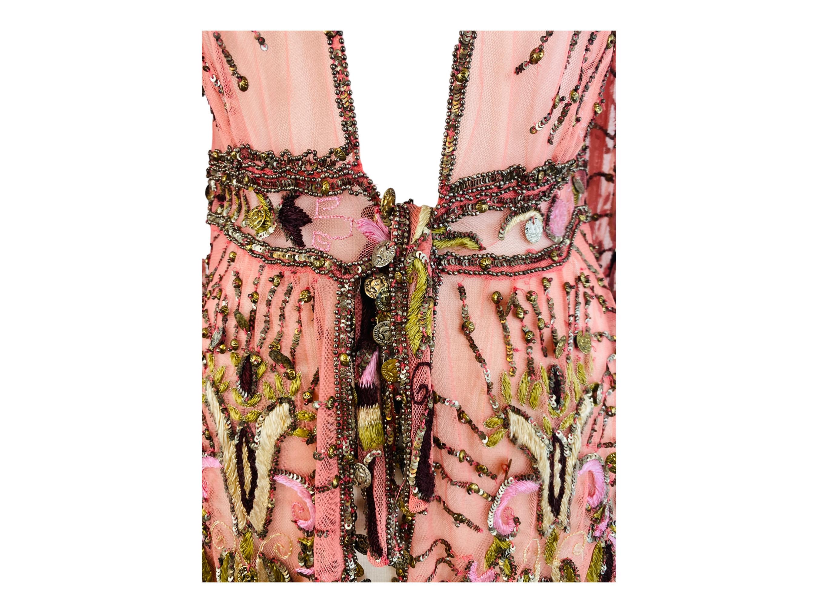Vintage Y2k 2004 Roberto Cavalli Pink Mesh Blouse Jacket Embroidered Beaded For Sale 1