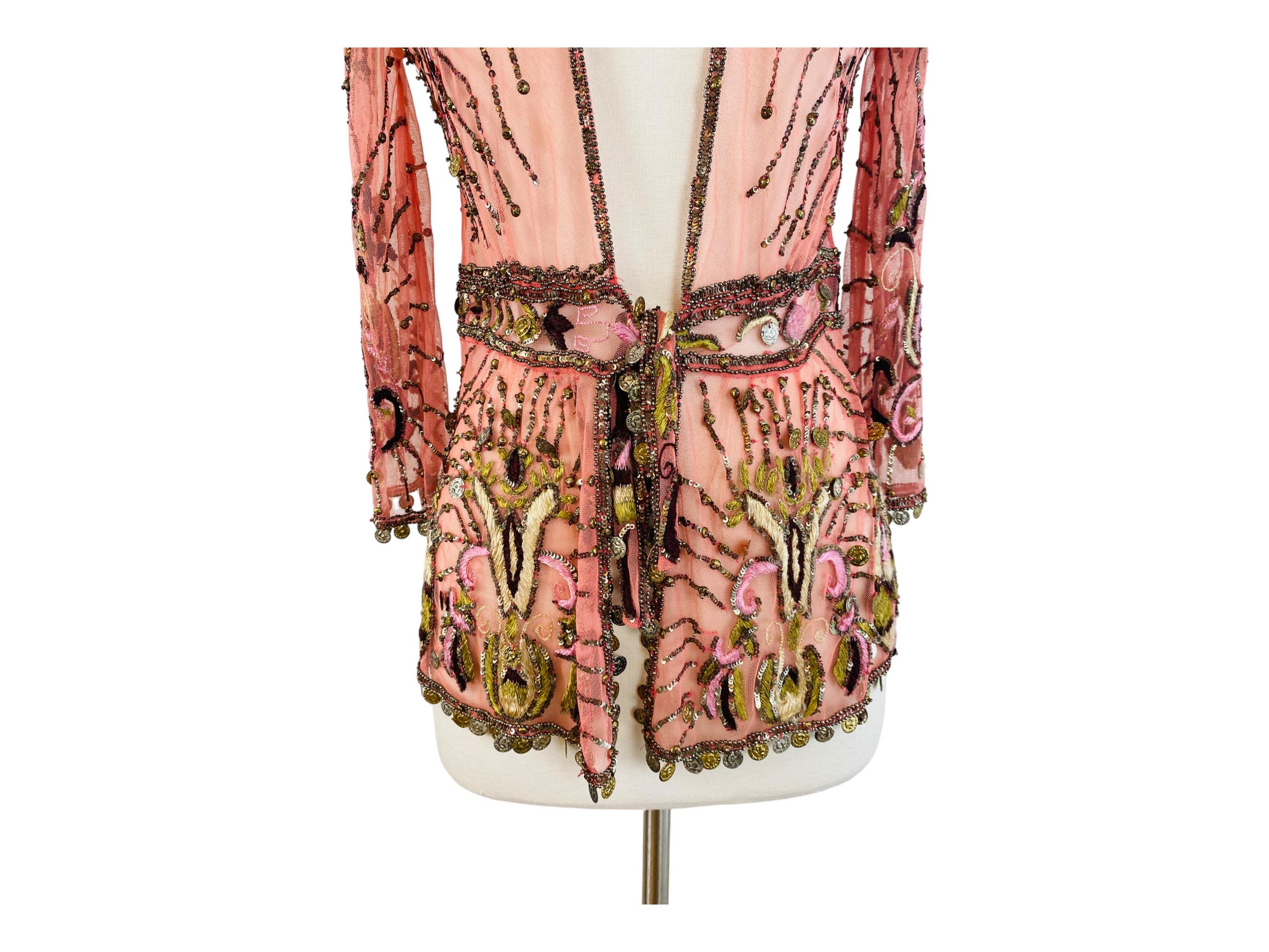 Vintage Y2k 2004 Roberto Cavalli Pink Mesh Blouse Jacket Embroidered Beaded For Sale 2