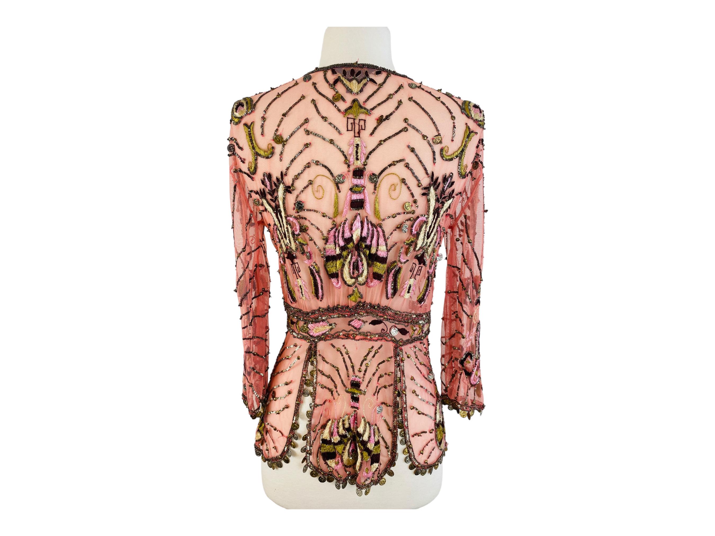 Vintage Y2k 2004 Roberto Cavalli Pink Mesh Blouse Jacket Embroidered Beaded For Sale 4