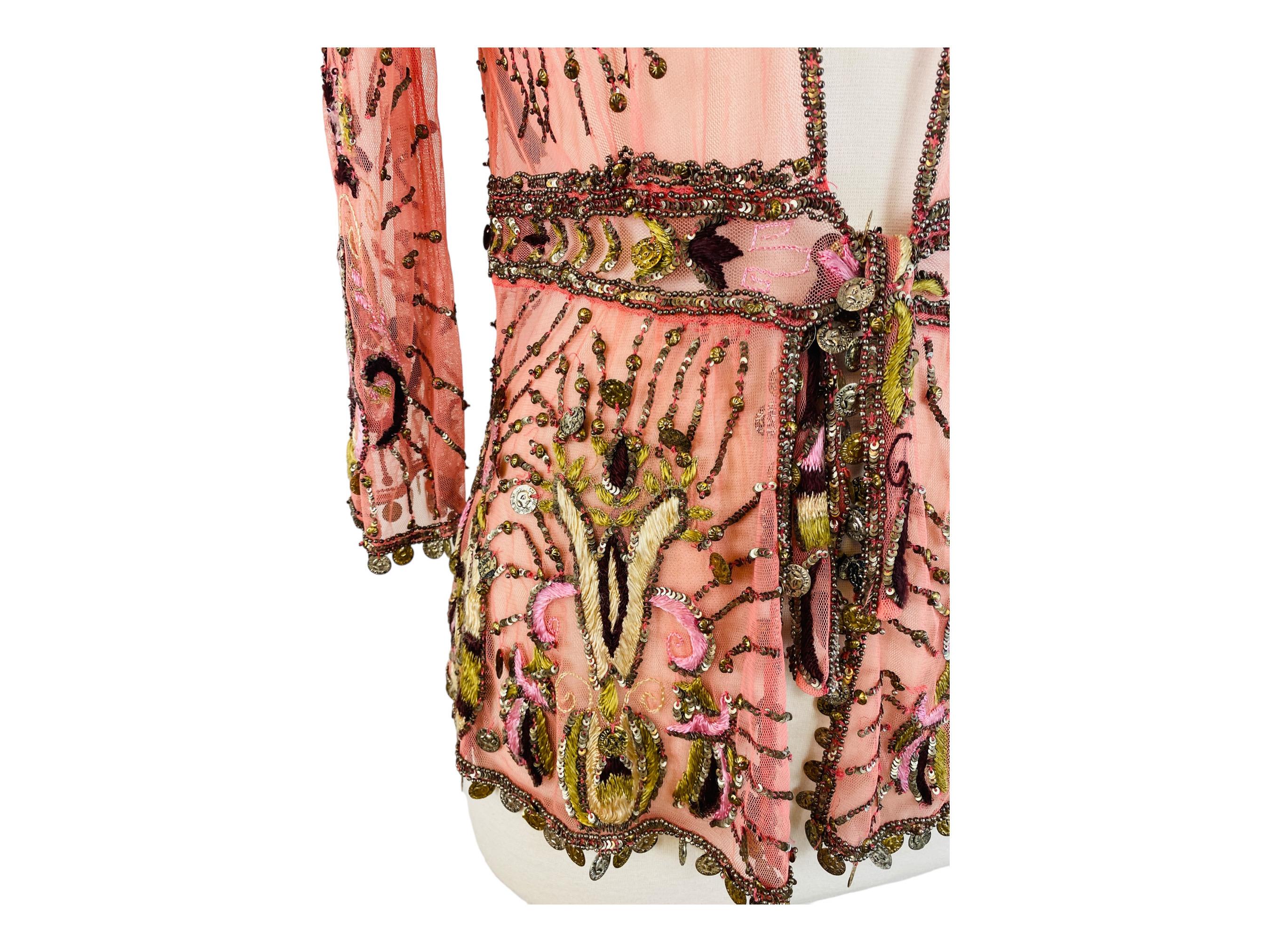 Vintage Y2k 2004 Roberto Cavalli Pink Mesh Blouse Jacket Embroidered Beaded For Sale 5