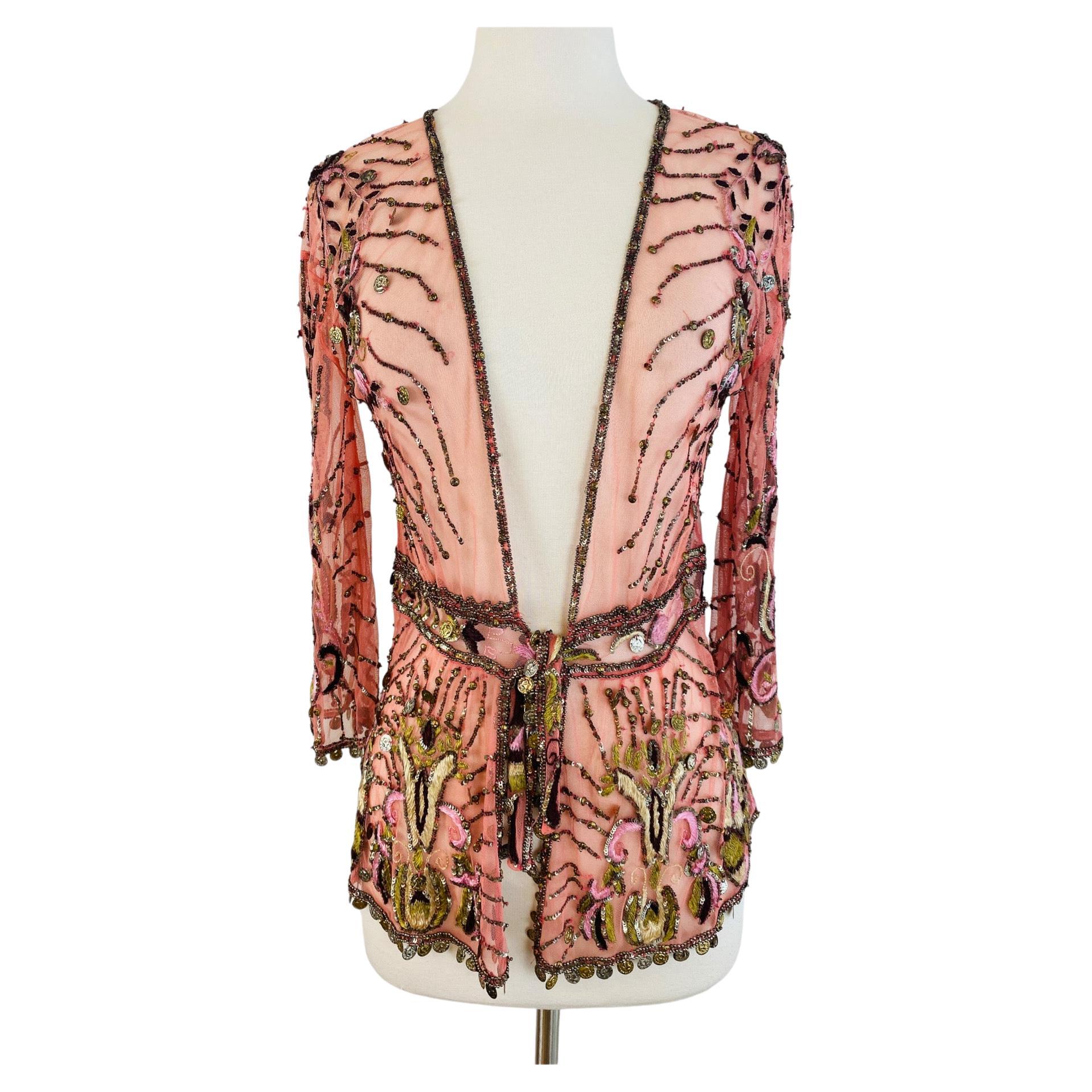 Vintage Y2k 2004 Roberto Cavalli Pink Mesh Blouse Jacket Embroidered Beaded For Sale