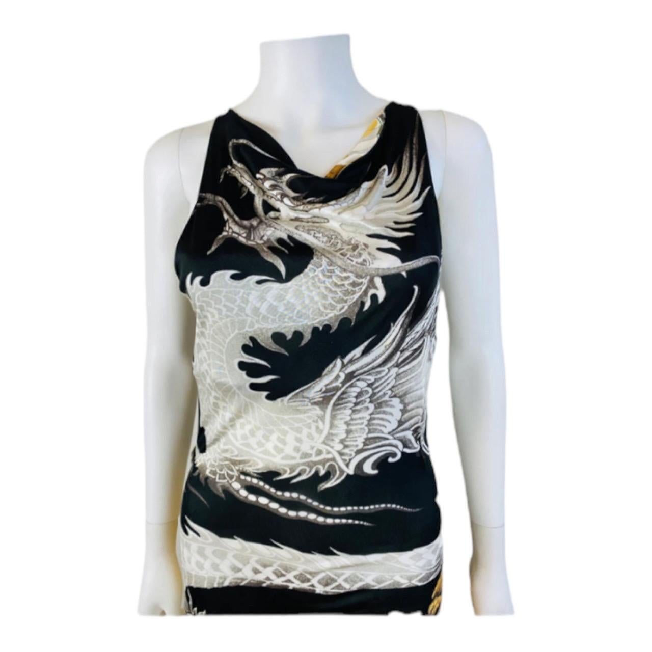 Vintage Y2k 2005 Roberto Cavalli Black White + Gold Dragons + Oriental Fans Lace In Excellent Condition For Sale In Denver, CO