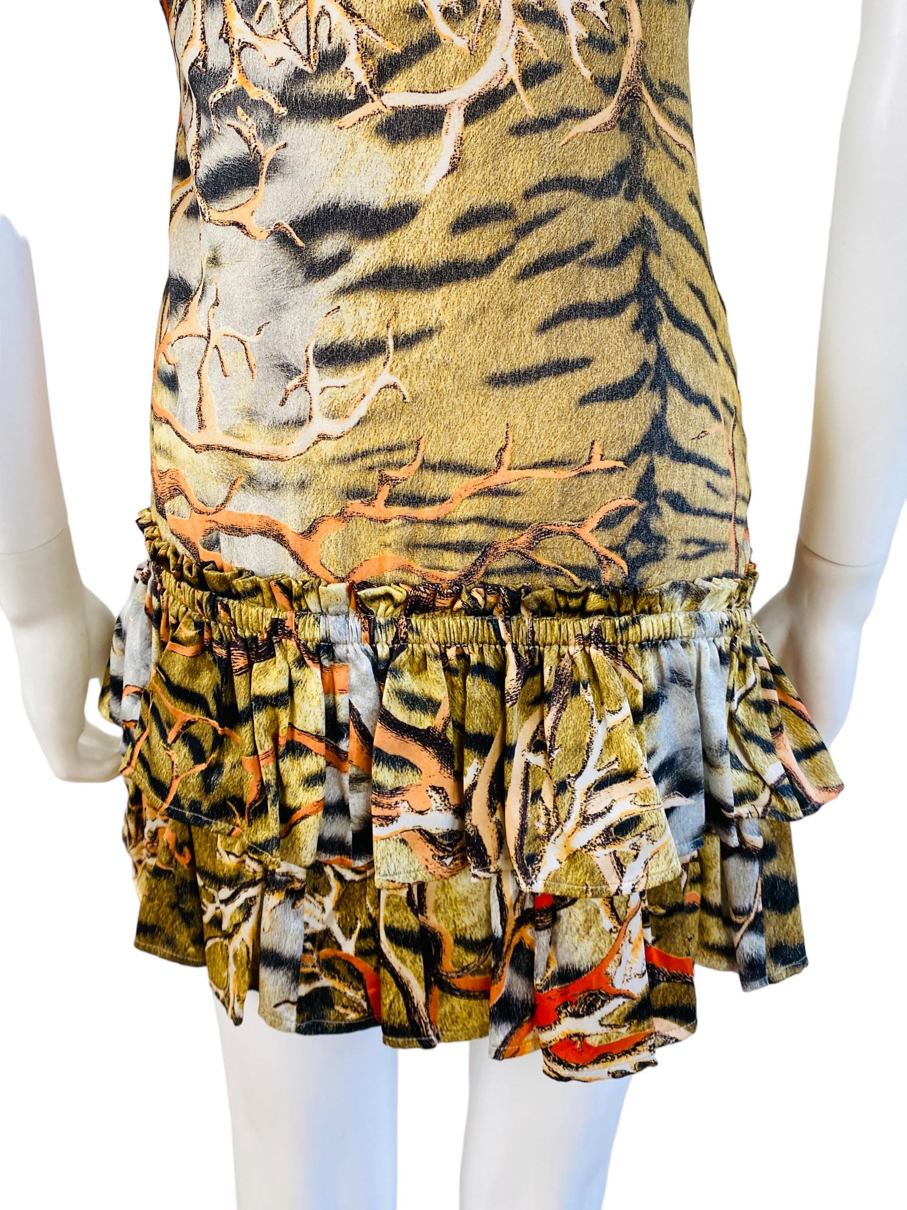 Vintage Y2k 2005 Roberto Cavalli Mini Silk Tiger + Coral Print Slip Dress Ruffle For Sale 6