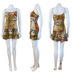 Vintage Y2k 2005 Roberto Cavalli Mini Silk Tiger + Coral Print Slip Dress Ruffle