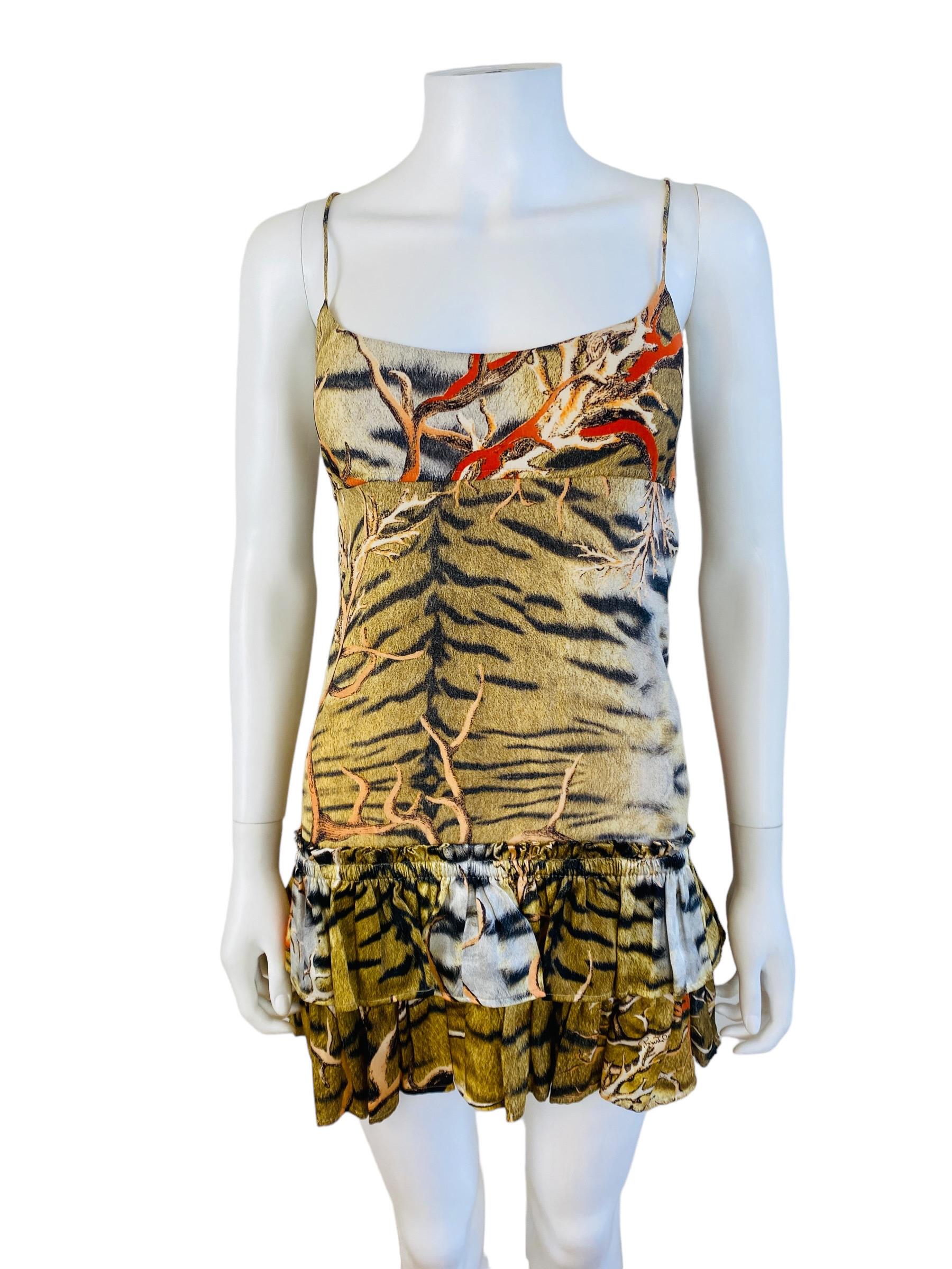 Women's Vintage Y2k 2005 Roberto Cavalli Mini Silk Tiger + Coral Print Slip Dress Ruffle For Sale