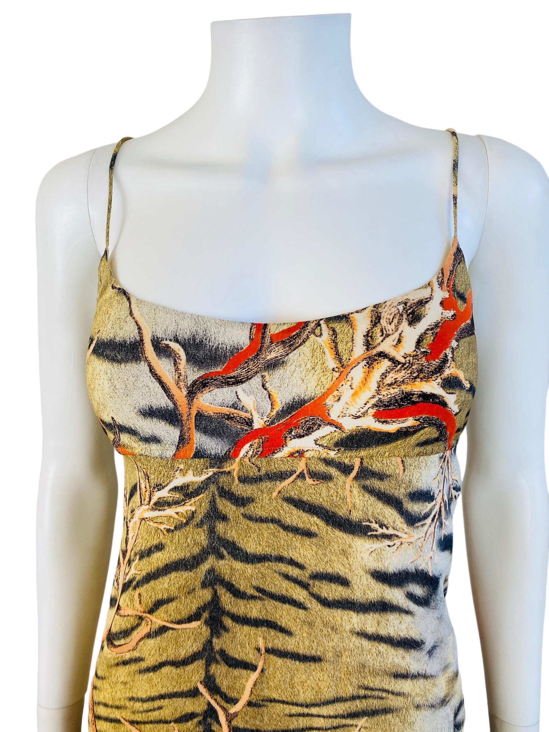 Vintage Y2k 2005 Roberto Cavalli Mini Silk Tiger + Coral Print Slip Dress Ruffle For Sale 1