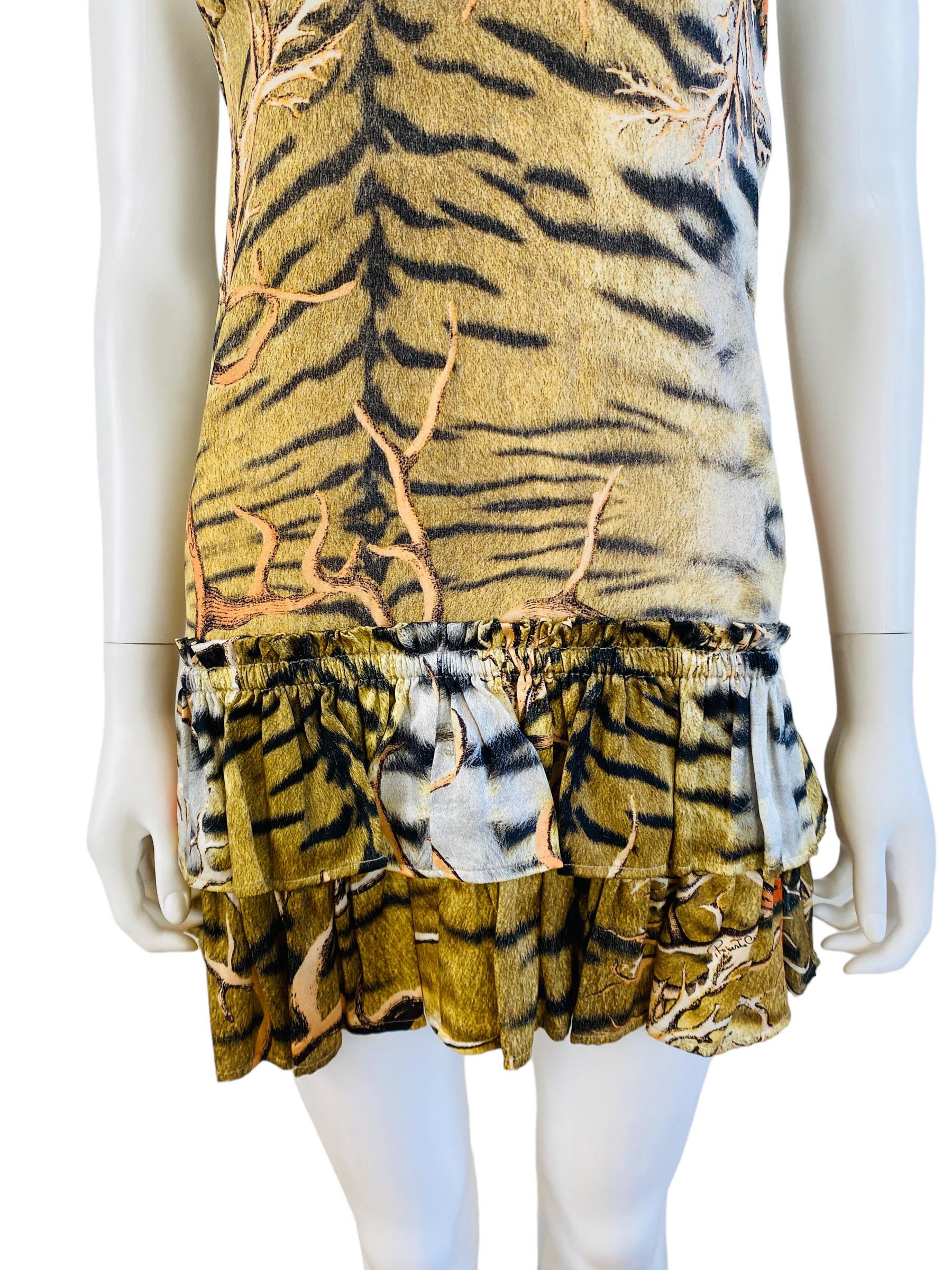 Vintage Y2k 2005 Roberto Cavalli Mini Silk Tiger + Coral Print Slip Dress Ruffle For Sale 2