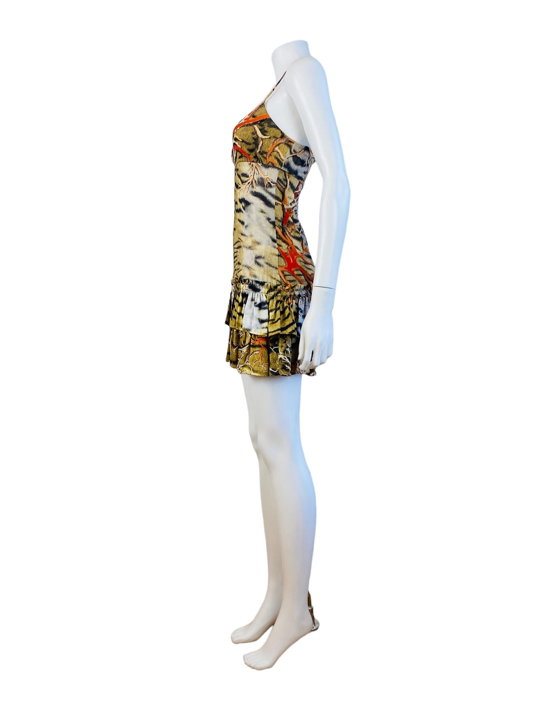 Vintage Y2k 2005 Roberto Cavalli Mini Silk Tiger + Coral Print Slip Dress Ruffle For Sale 3
