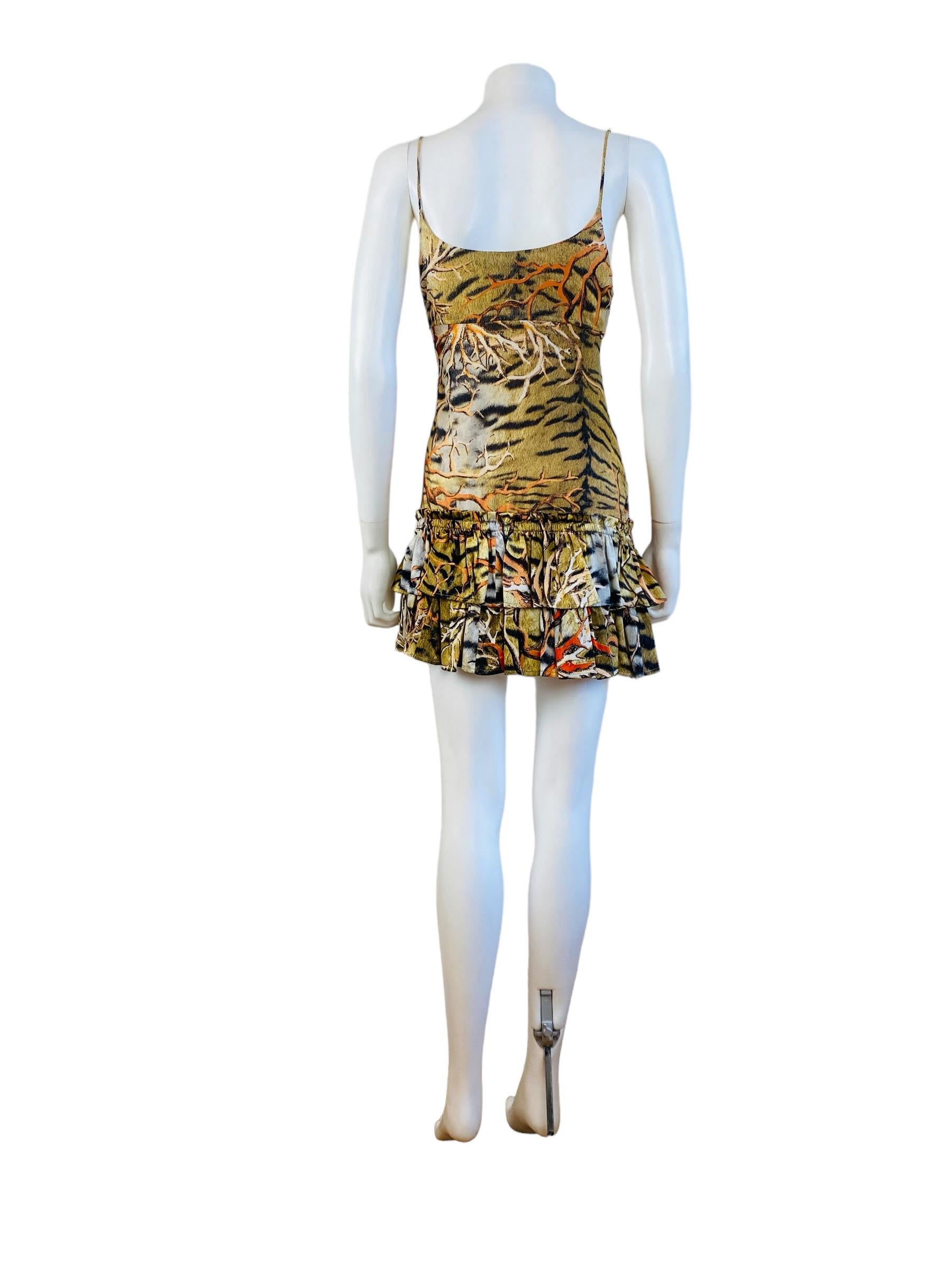 Vintage Y2k 2005 Roberto Cavalli Mini Silk Tiger + Coral Print Slip Dress Ruffle For Sale 4